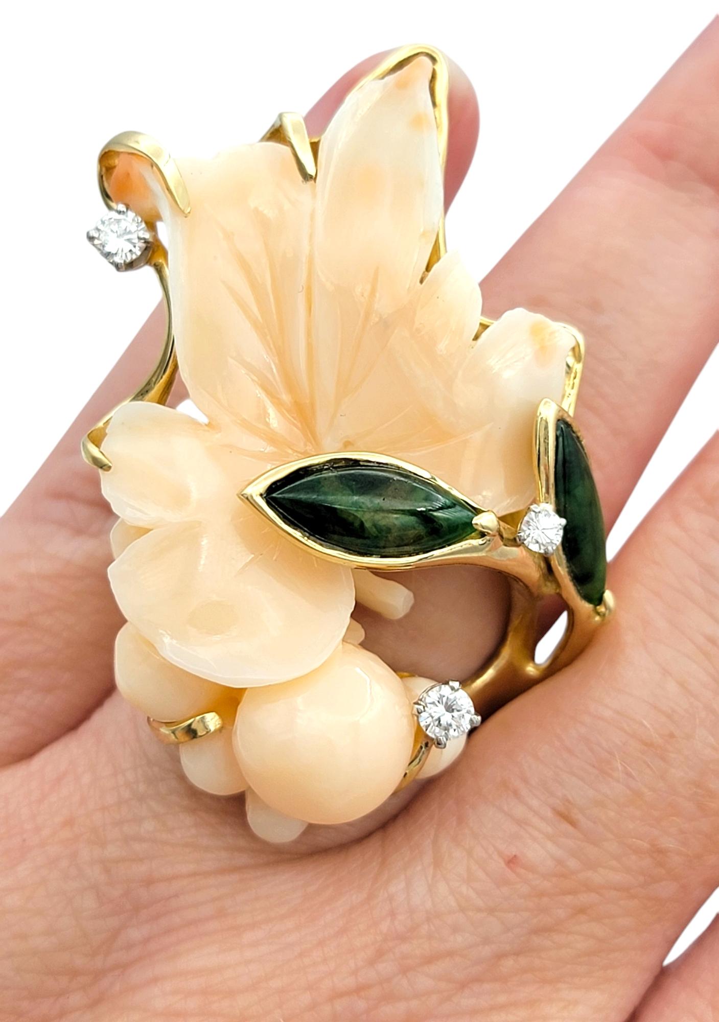 Large Floral Motif Carved Coral Cocktail Ring with Jade, Pearl and Diamonds For Sale 3