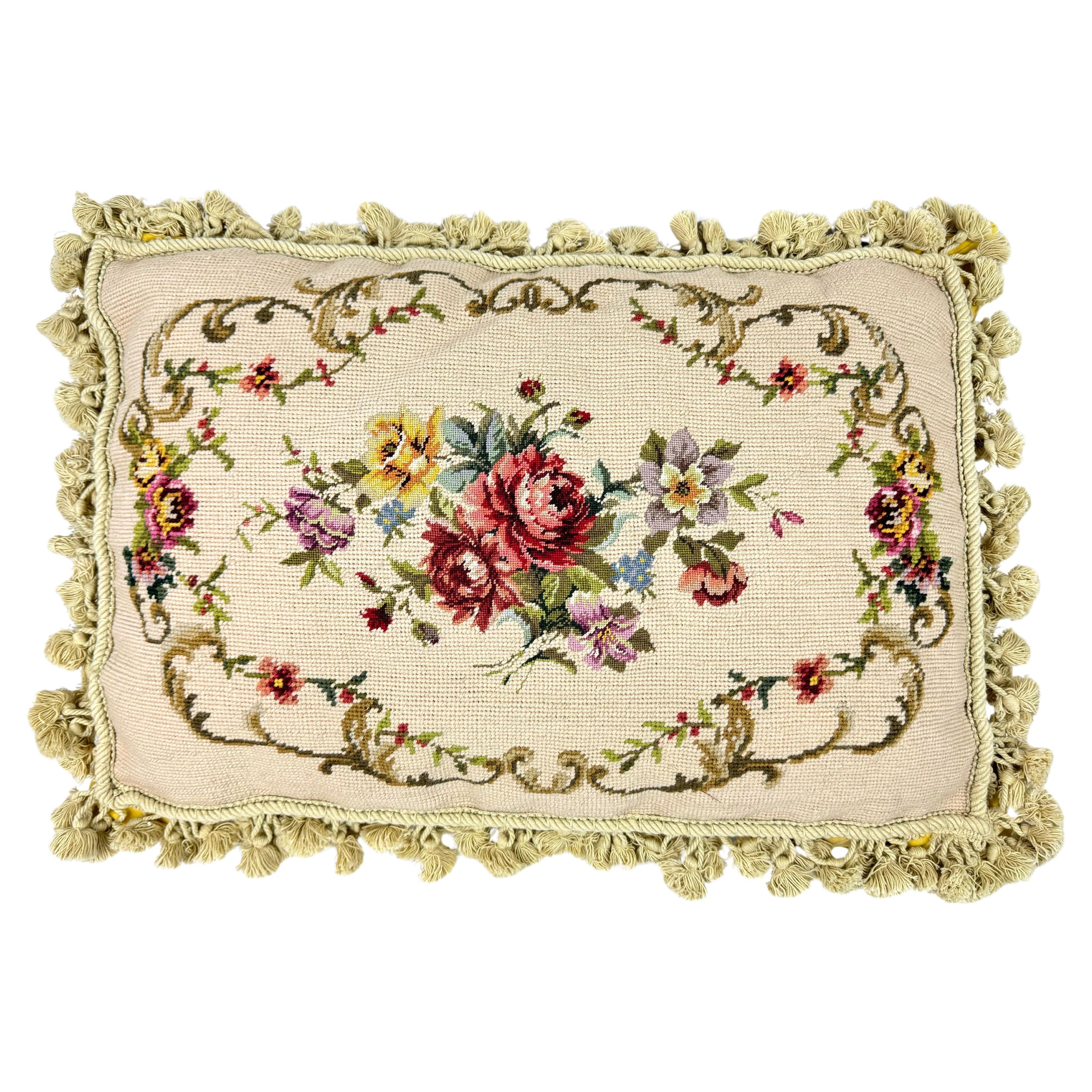Large Floral Needlepoint Down Pillow with tassles