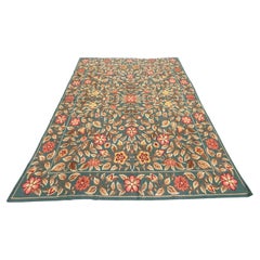 Large Floral Needlepoint Rug 217x277cm Teal Green Traditional Flatweave Carpet