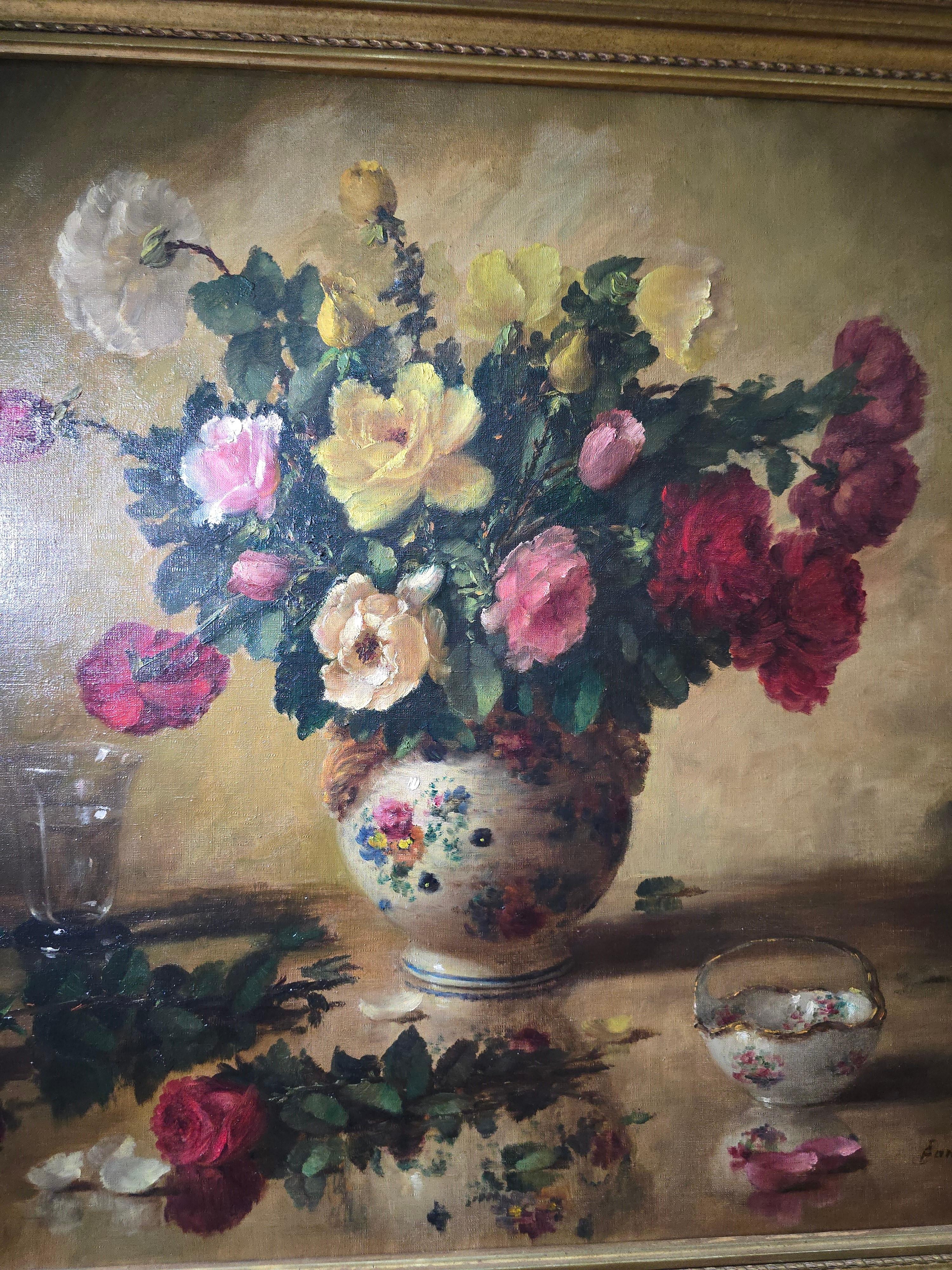 Grande dipinto a olio floreale - inizio 1900 in vendita 1