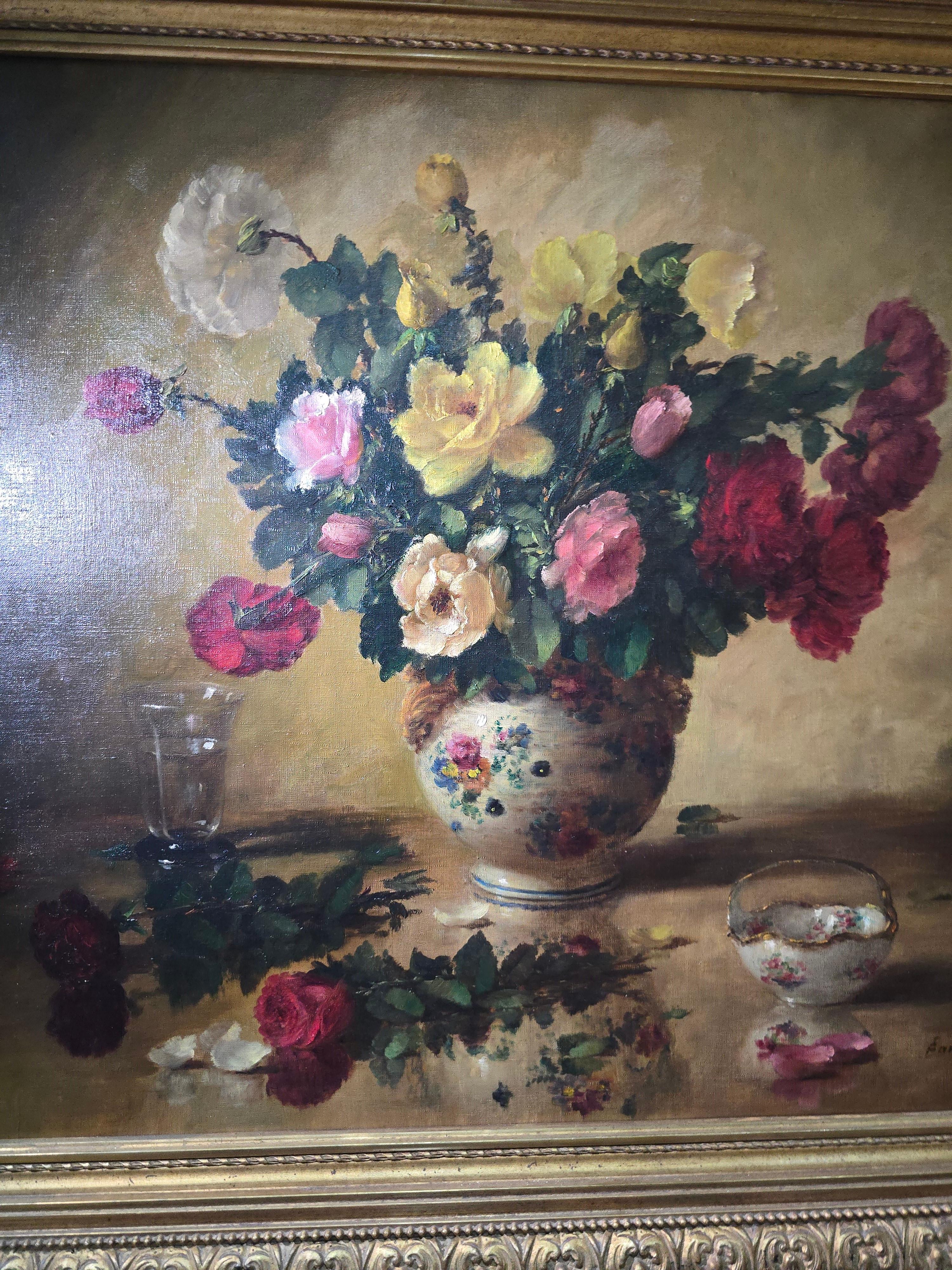 Grande dipinto a olio floreale - inizio 1900 in vendita 2