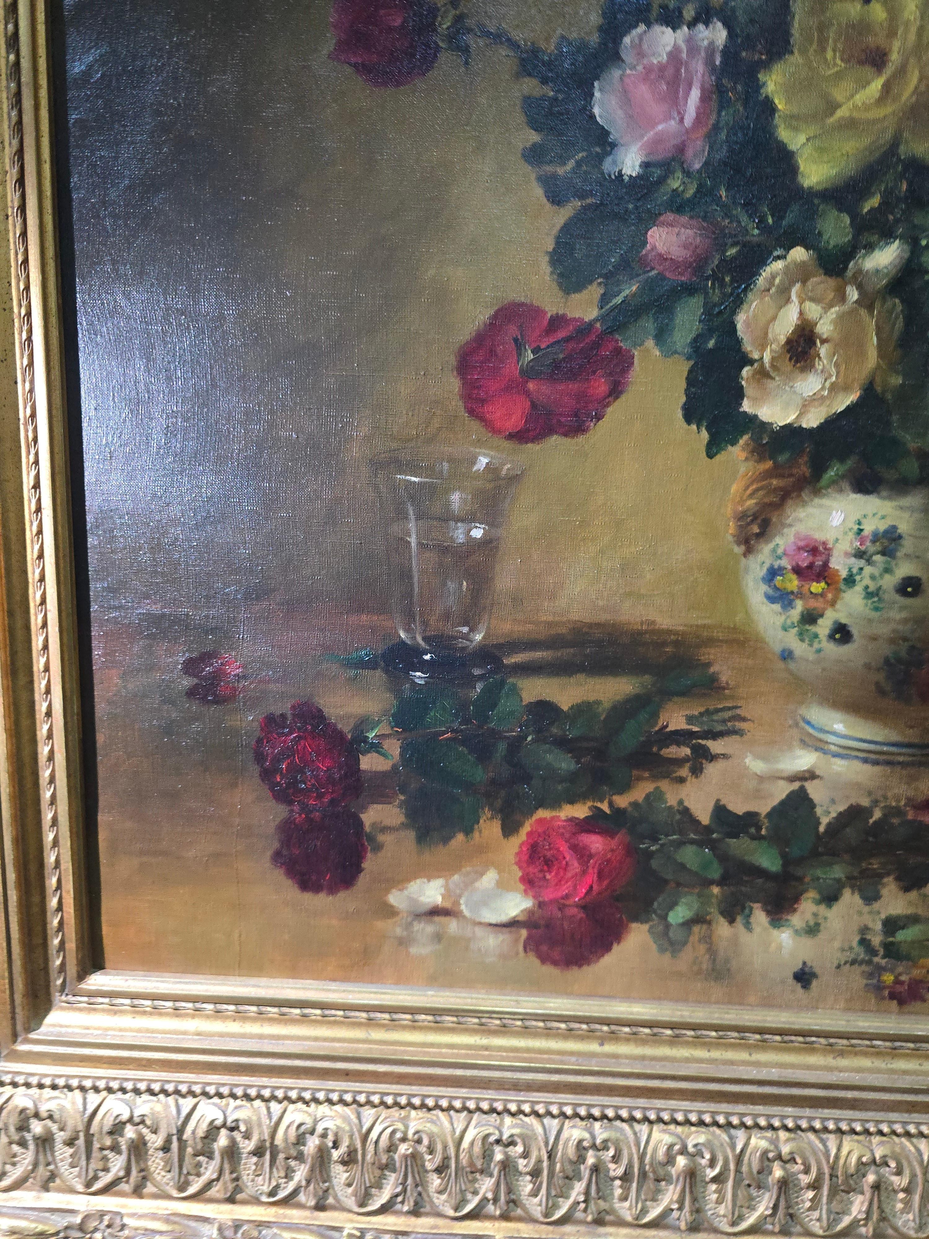 Grande dipinto a olio floreale - inizio 1900 in vendita 3