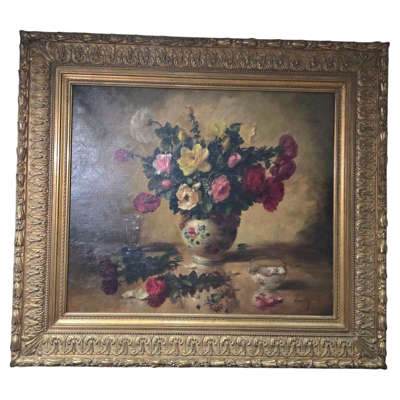 Large Floral Oil Painting – Early 1900s