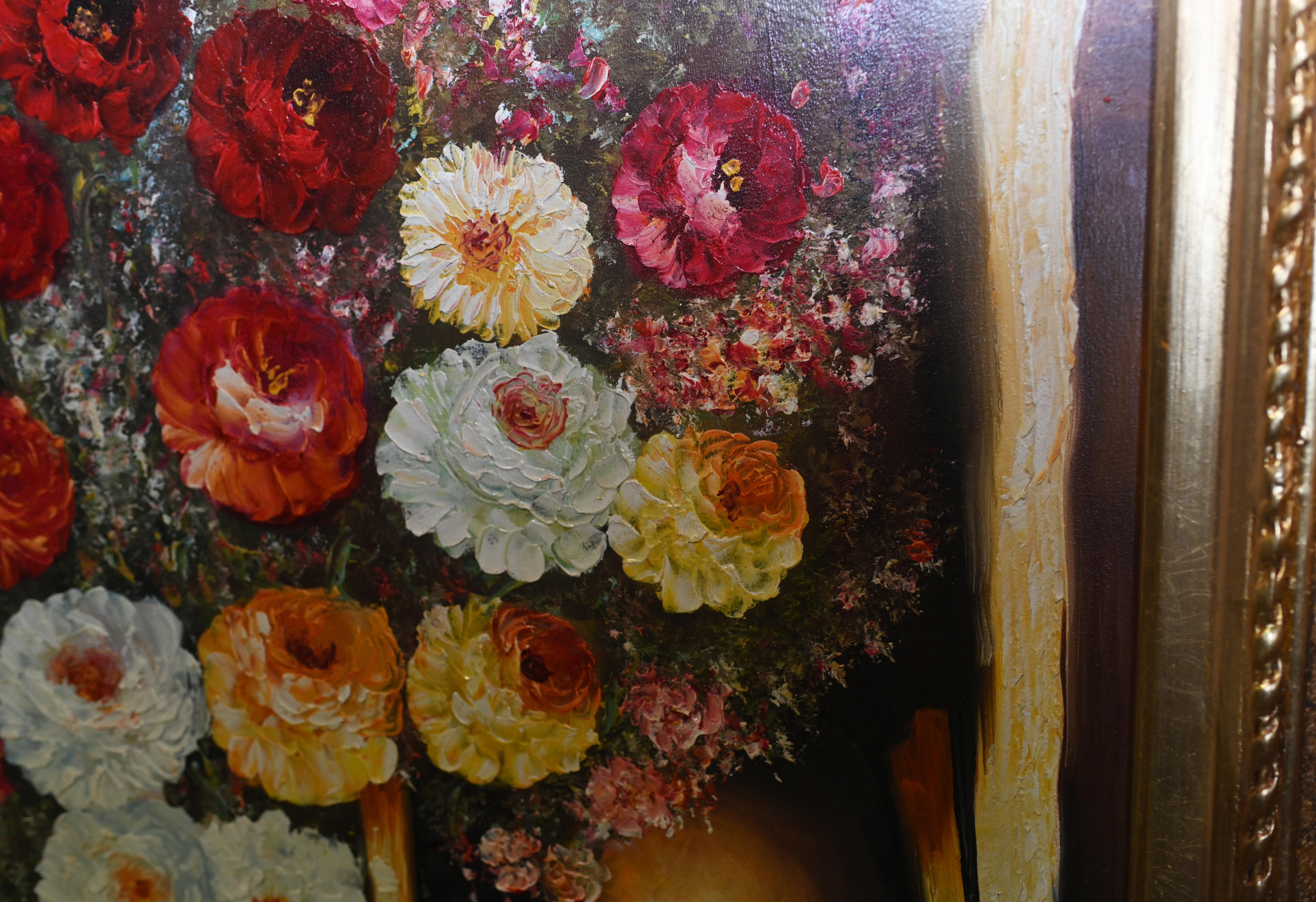Estás viendo una gran pintura al óleo de renacimiento victoriano que muestra un vívido ramillete floral
Buen tamaño con casi dos metros de ancho - 180 CM
Pieza muy viva que añadirá luz y energía a cualquier habitación
Marco dorado también increíble