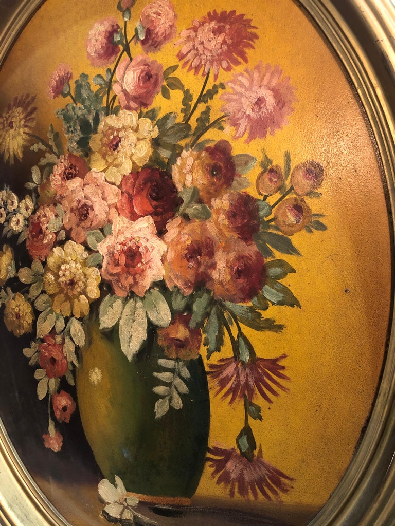 Large Floral Oval Oil on Board Still Life For Sale 7