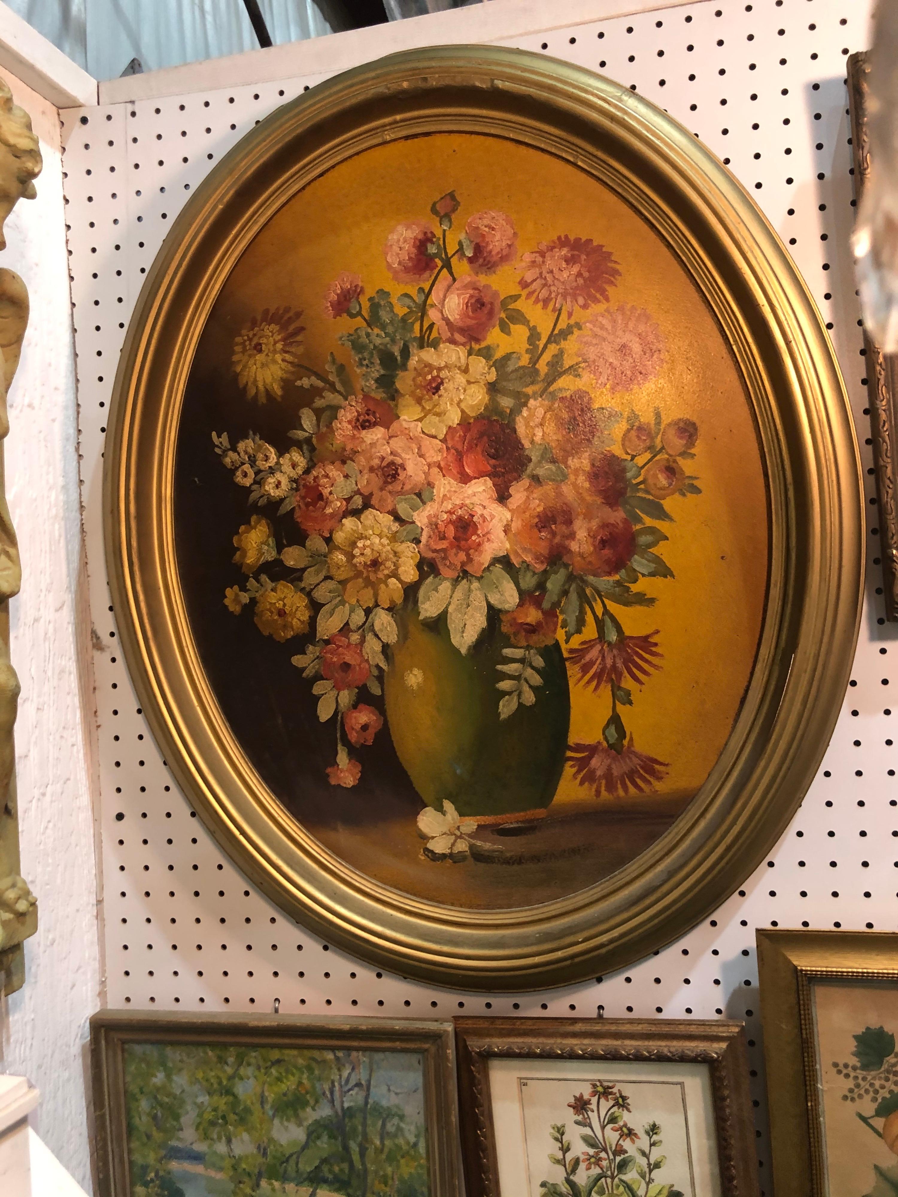 Large green glazed earthenware vase. Romantic Victorian style traditional floral still life. Perfect to adorn that romantic home. Warm tones of red and pink flowers such as peonies and roses in a green vase. Set against a warm gold background and