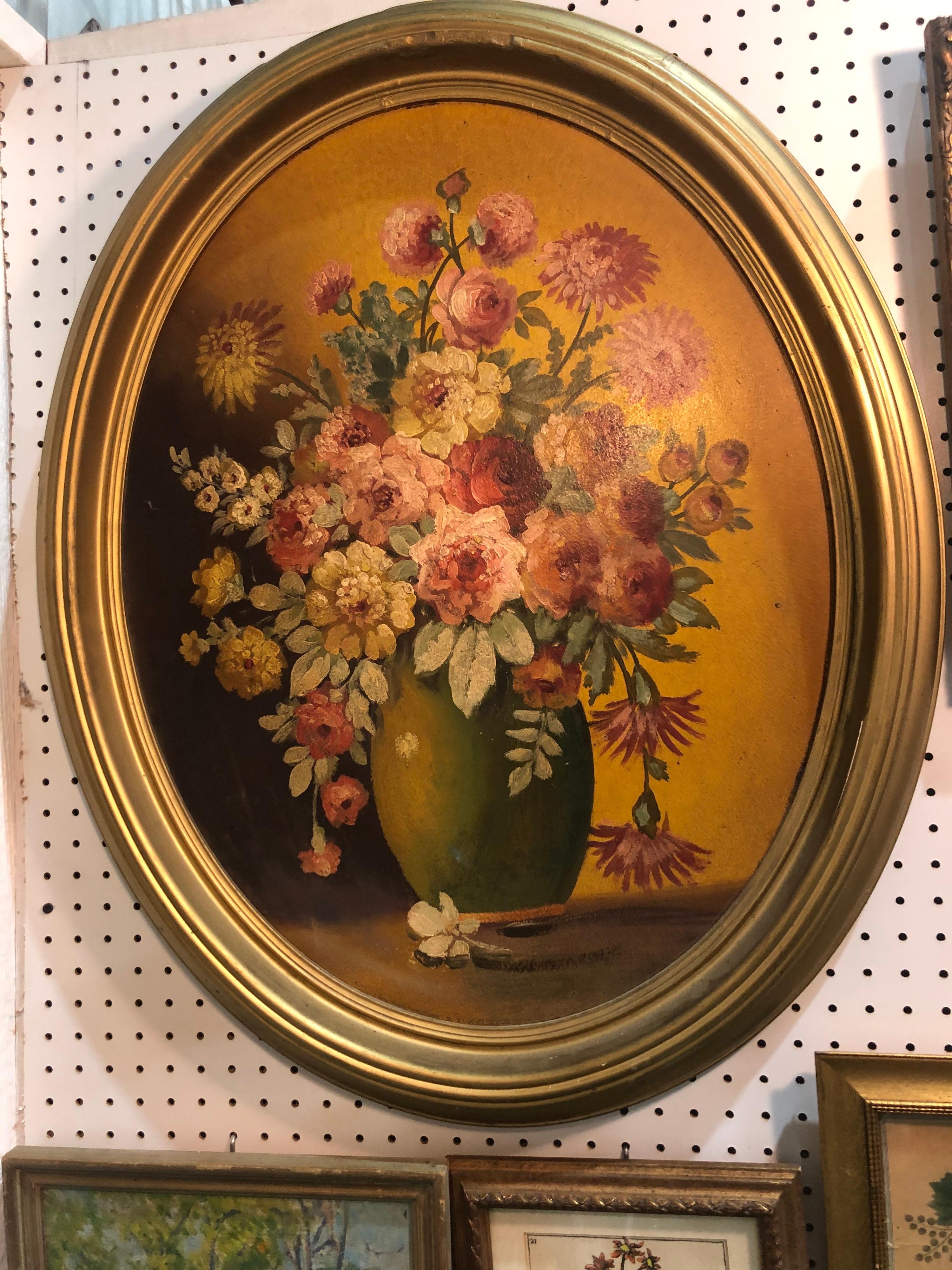 Romantic Large Floral Oval Oil on Board Still Life