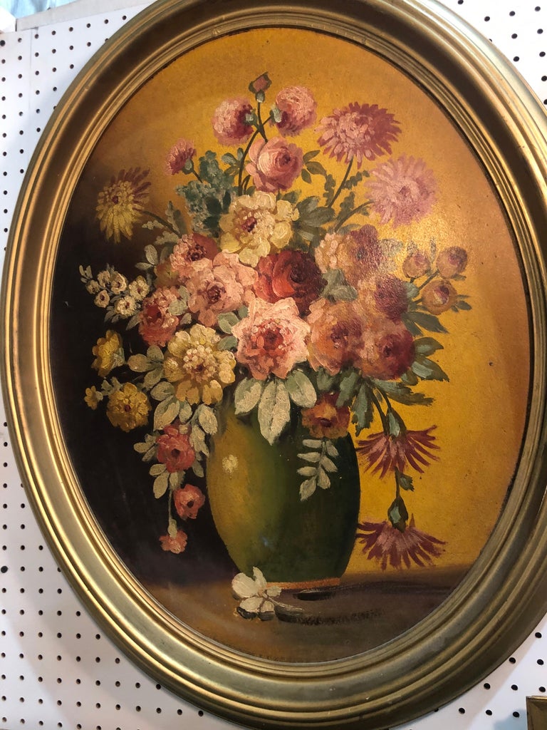 Hand-Carved Large Floral Oval Oil on Board Still Life For Sale