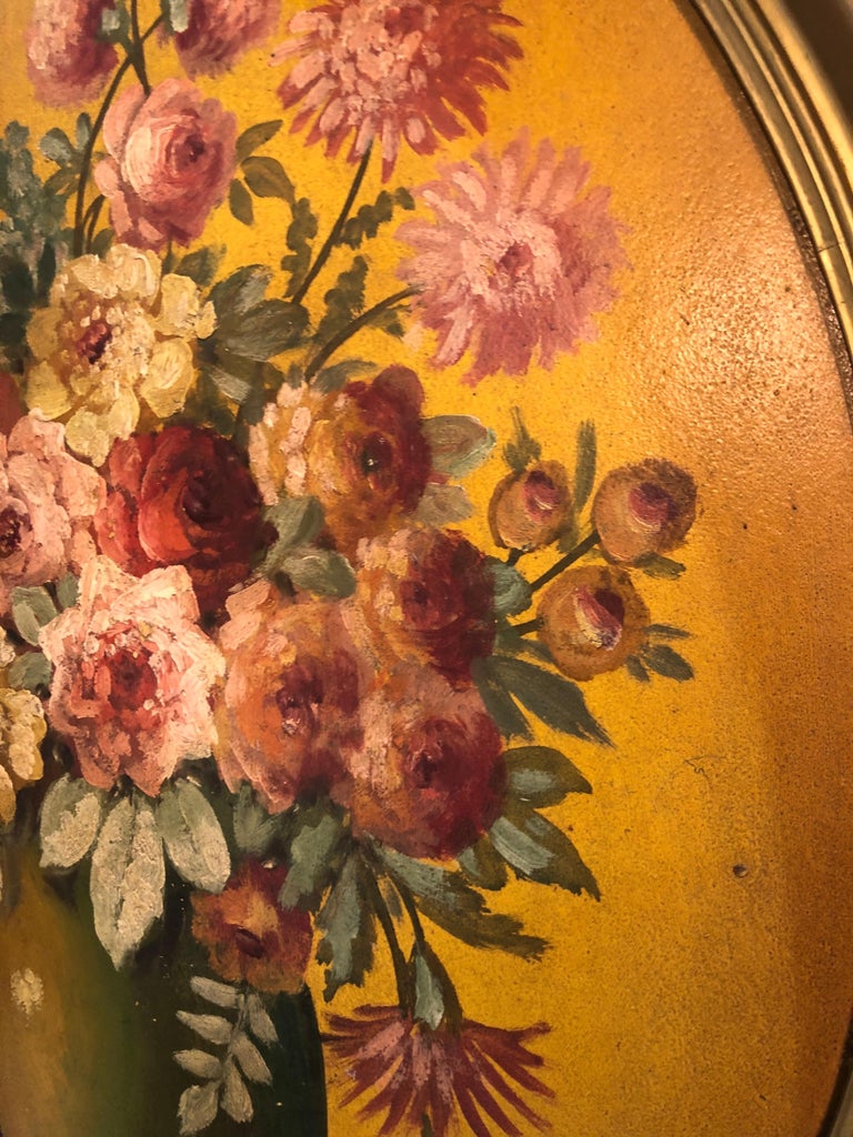 Large Floral Oval Oil on Board Still Life In Good Condition For Sale In Redding, CT