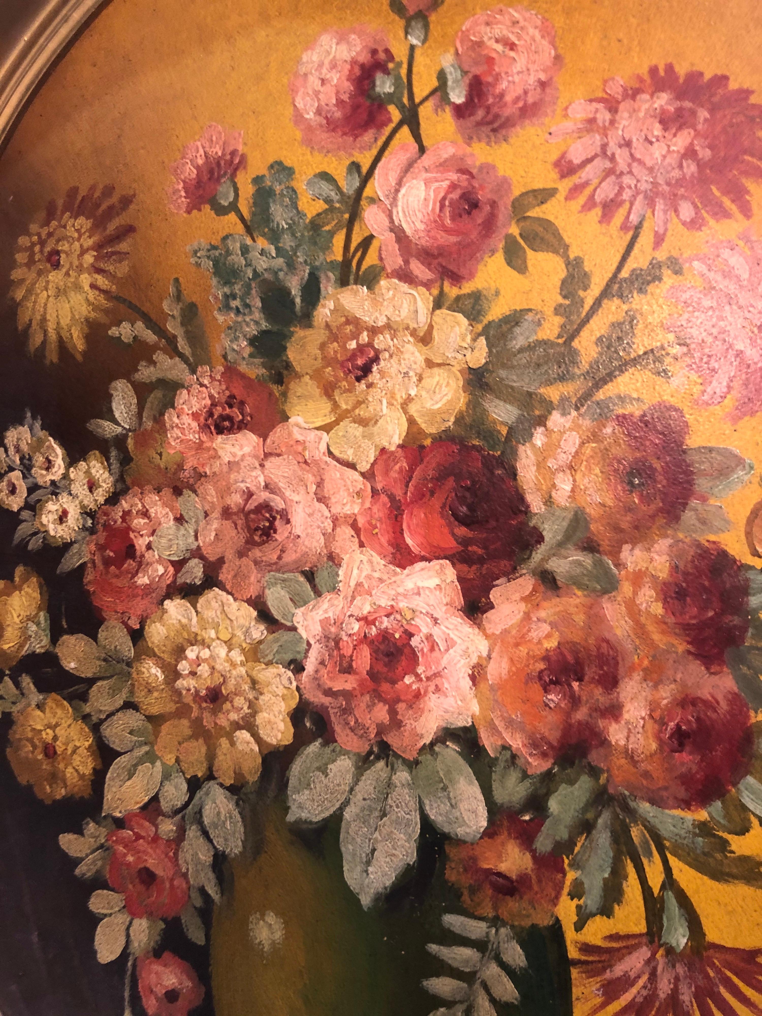 Mid-20th Century Large Floral Oval Oil on Board Still Life