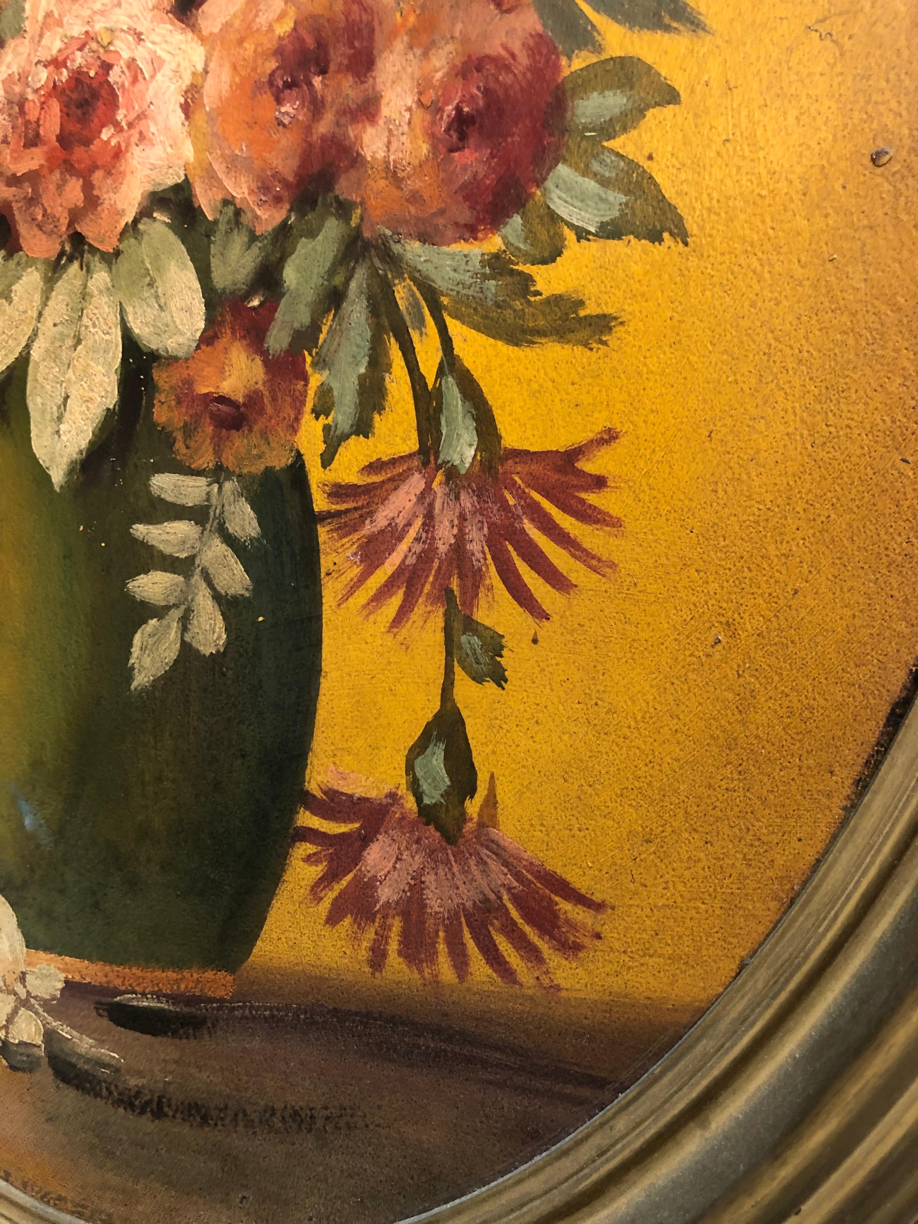 Wood Large Floral Oval Oil on Board Still Life