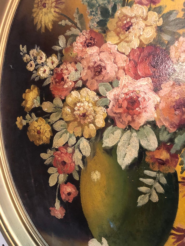 Large Floral Oval Oil on Board Still Life For Sale 1