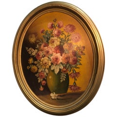 Large Floral Oval Oil on Board Still Life