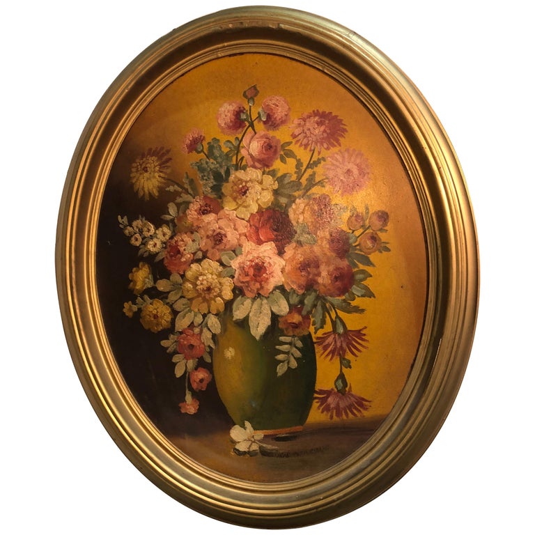 Large Floral Oval Oil on Board Still Life For Sale