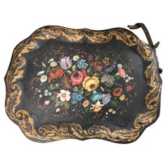 Large Floral Rustic Painted Antique Toleware Serving Tray
