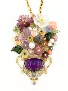 Large Floral Santagostino Gemstone and Diamond 18 Karat Pendant Necklace