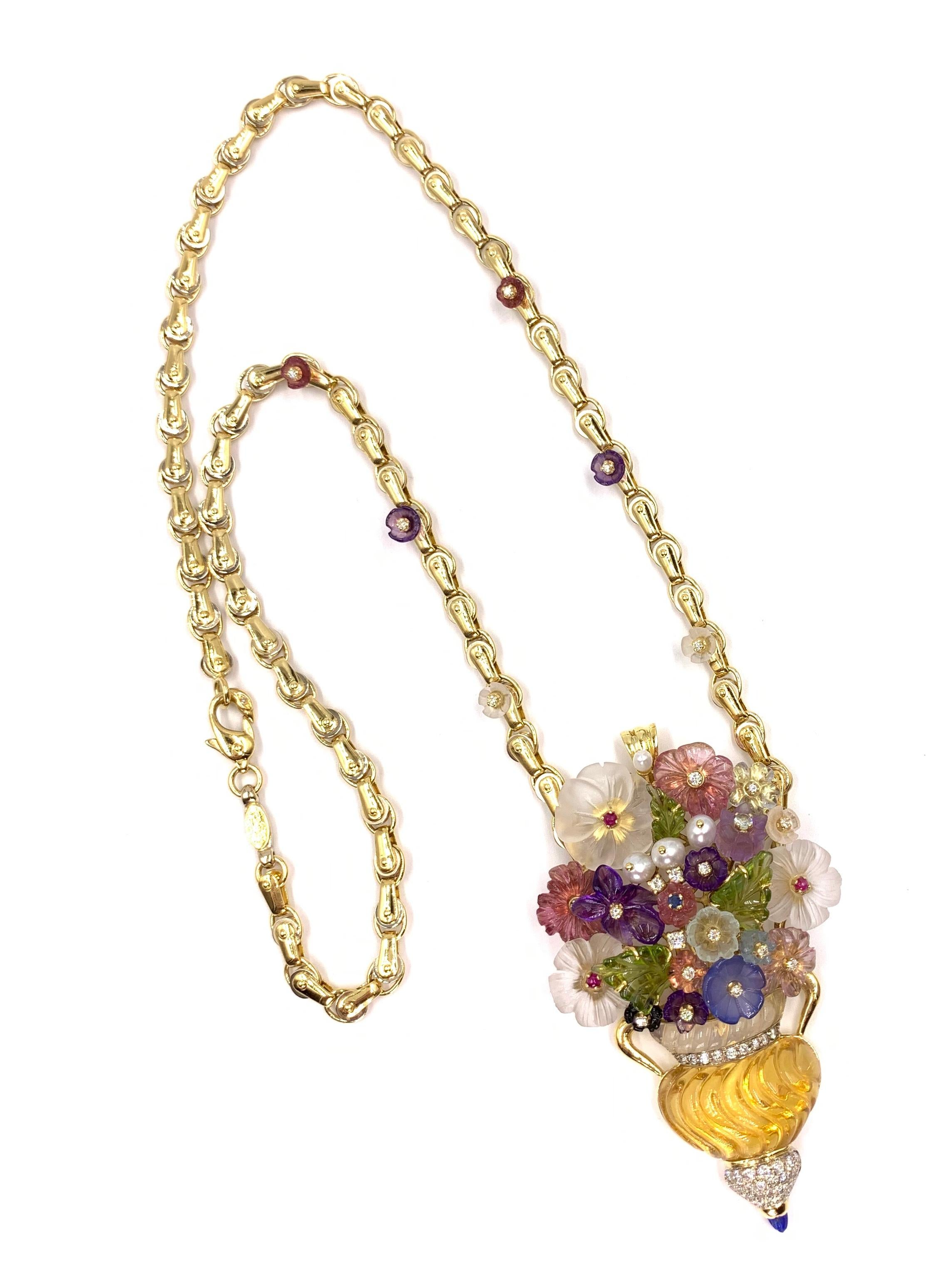 Large Floral Santagostino Gemstone and Diamond 18 Karat Pendant Necklace In Good Condition For Sale In Pikesville, MD
