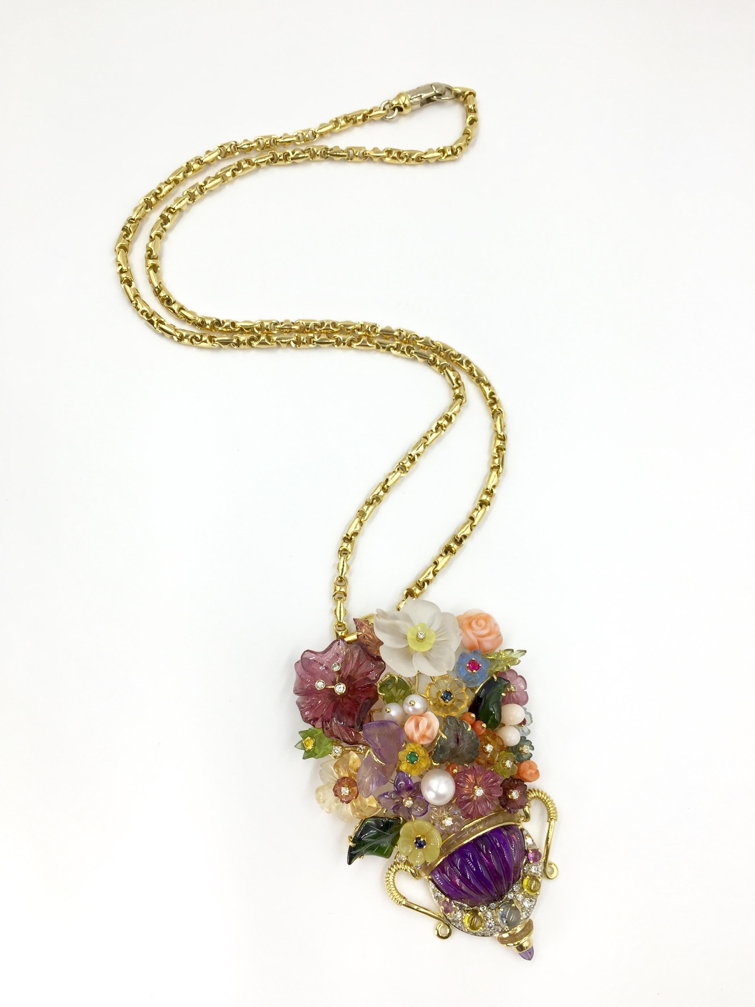 Large Floral Santagostino Gemstone and Diamond 18 Karat Pendant Necklace In Good Condition In Pikesville, MD