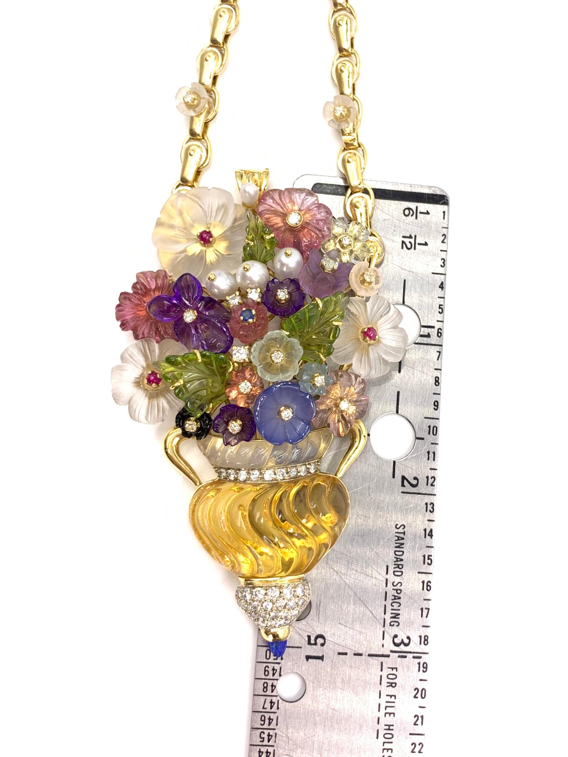 Women's Large Floral Santagostino Gemstone and Diamond 18 Karat Pendant Necklace For Sale
