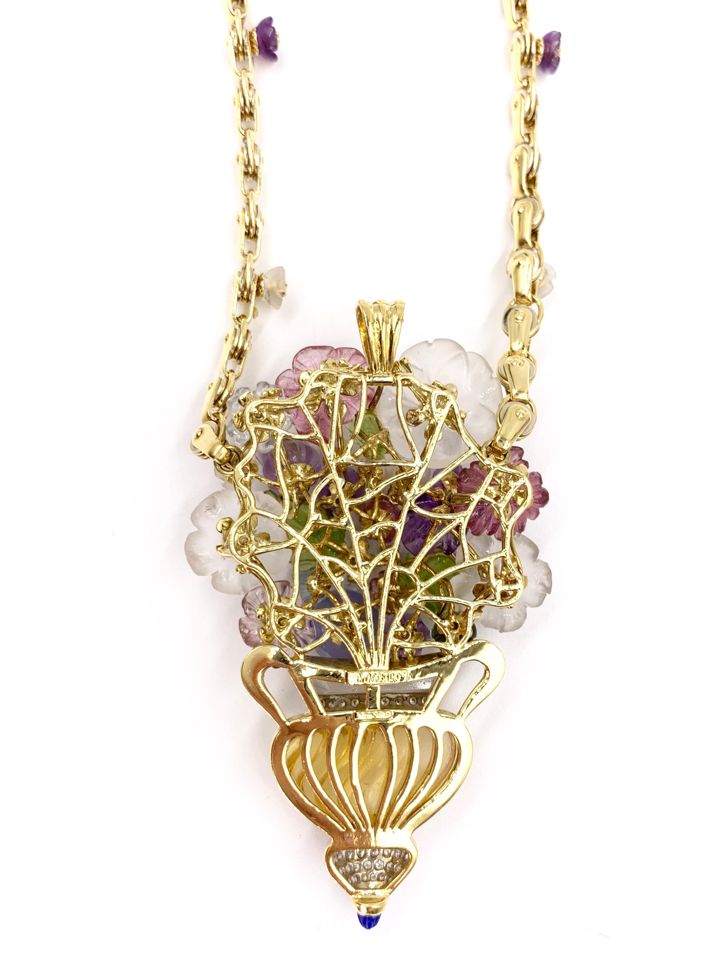 Large Floral Santagostino Gemstone and Diamond 18 Karat Pendant Necklace For Sale 1