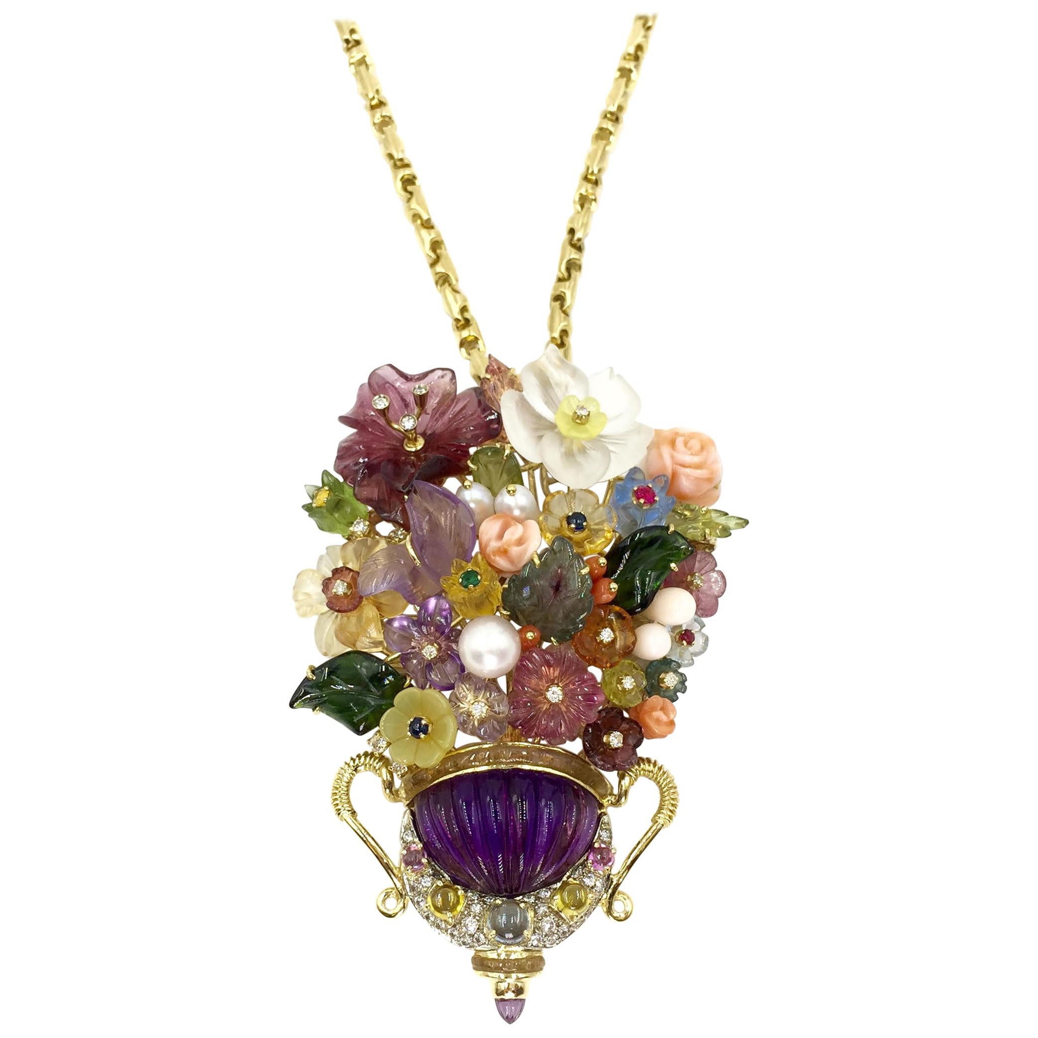 Large Floral Santagostino Gemstone and Diamond 18 Karat Pendant Necklace