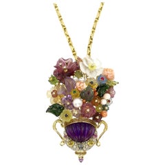 Large Floral Santagostino Gemstone and Diamond 18 Karat Pendant Necklace