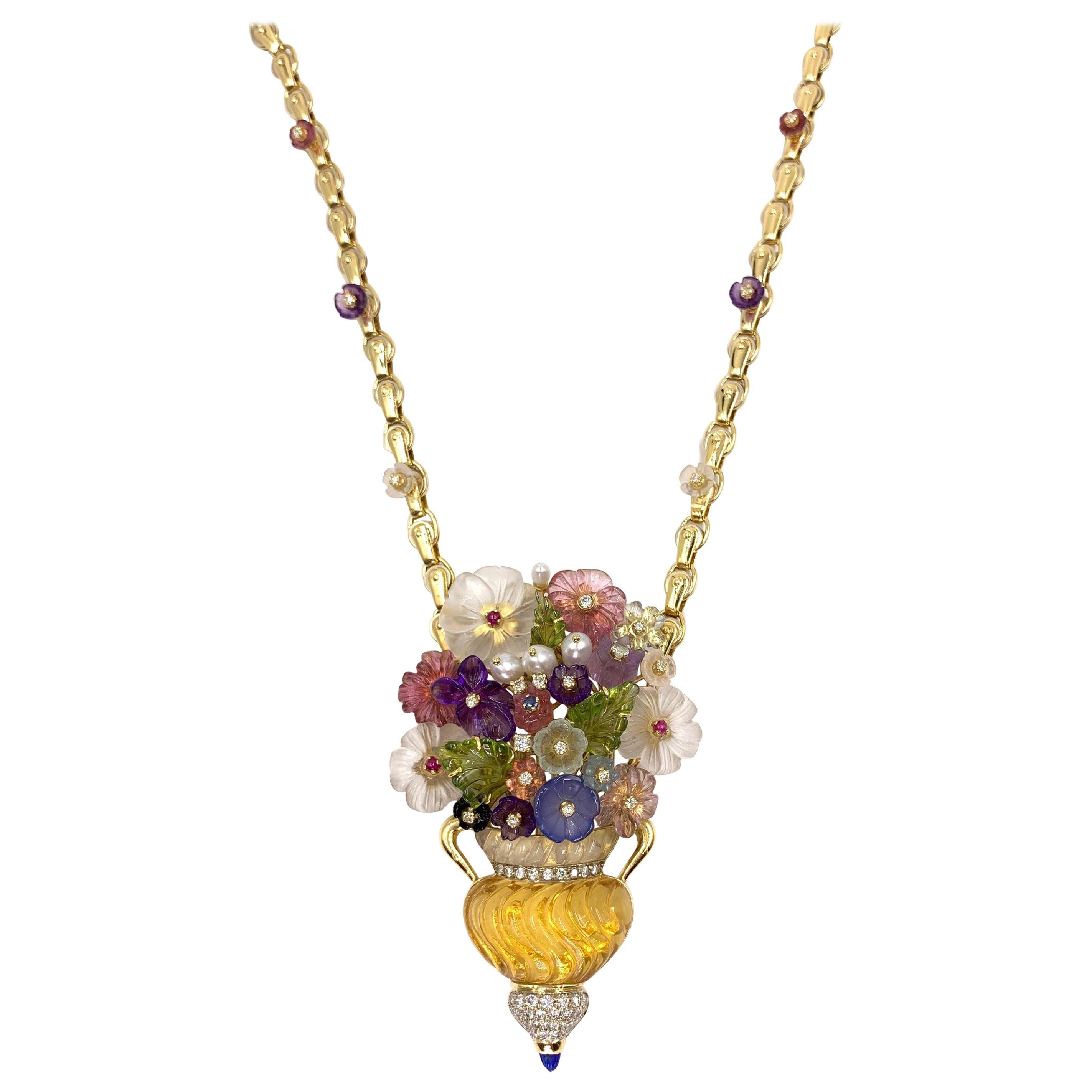 Large Floral Santagostino Gemstone and Diamond 18 Karat Pendant Necklace For Sale