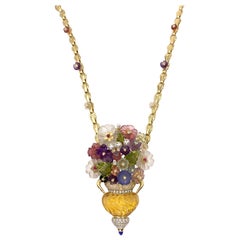 Large Floral Santagostino Gemstone and Diamond 18 Karat Pendant Necklace