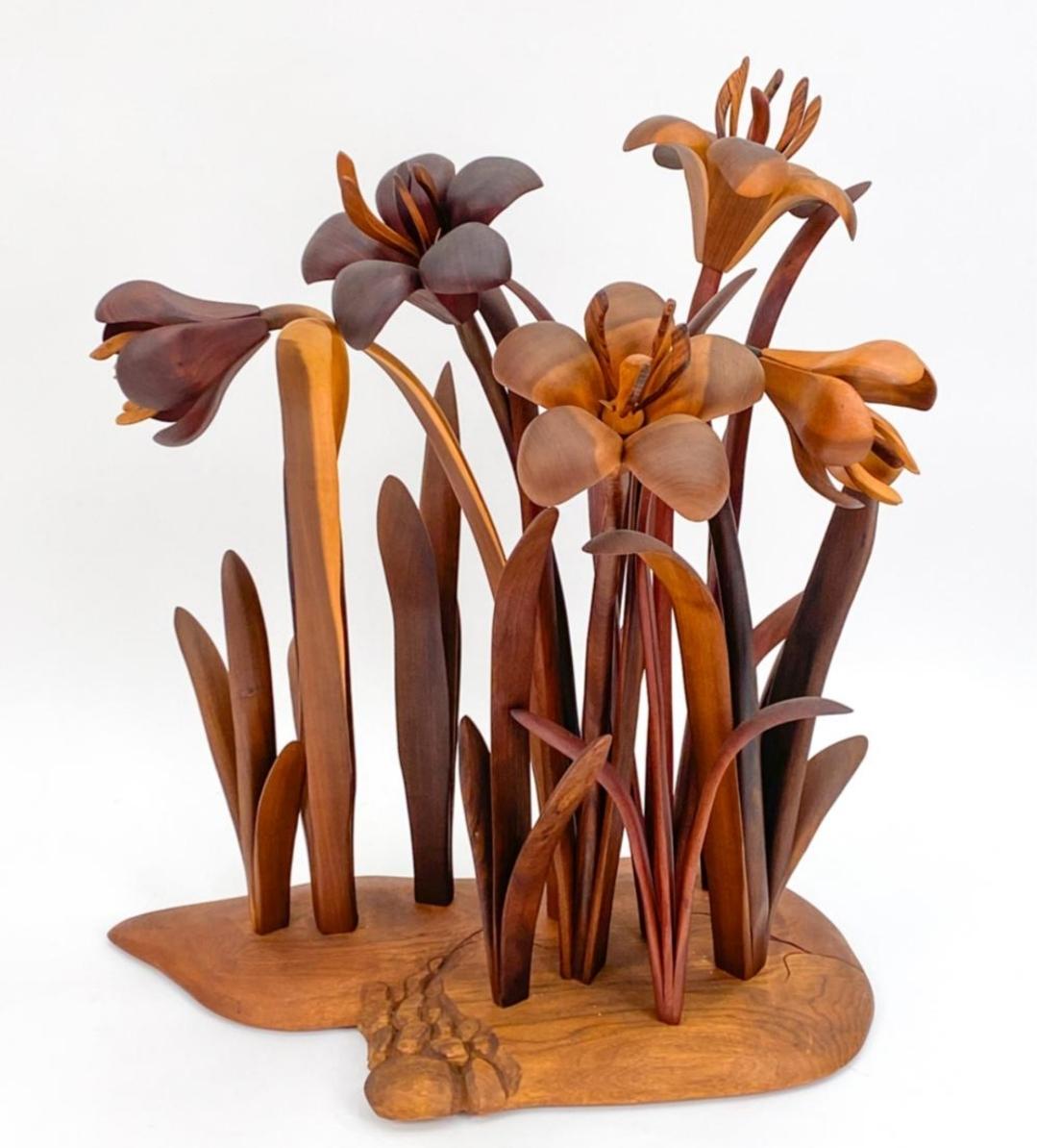 Hand-Crafted Large Floral Sculpture in Carved Wood American
