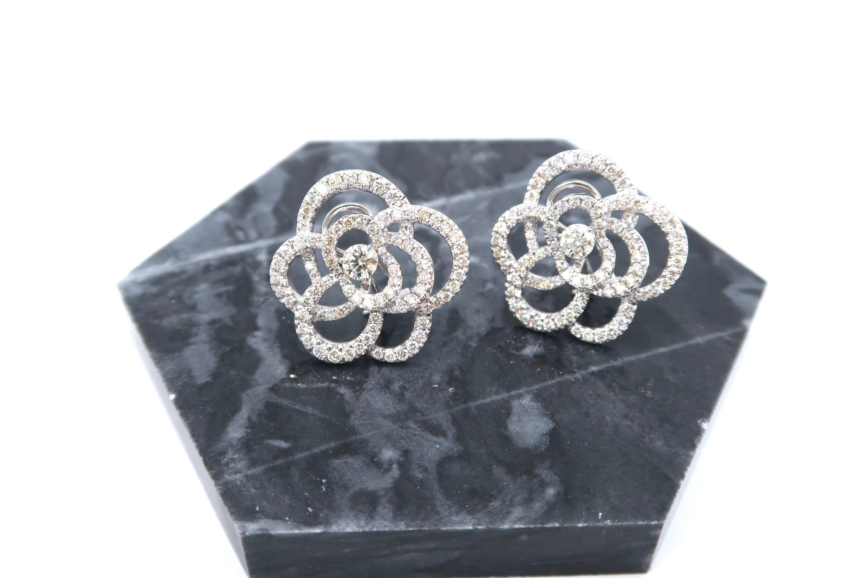 Women's Large Floral Silhouette Diamond Clip-On Earrings in 18 Karat White Gold