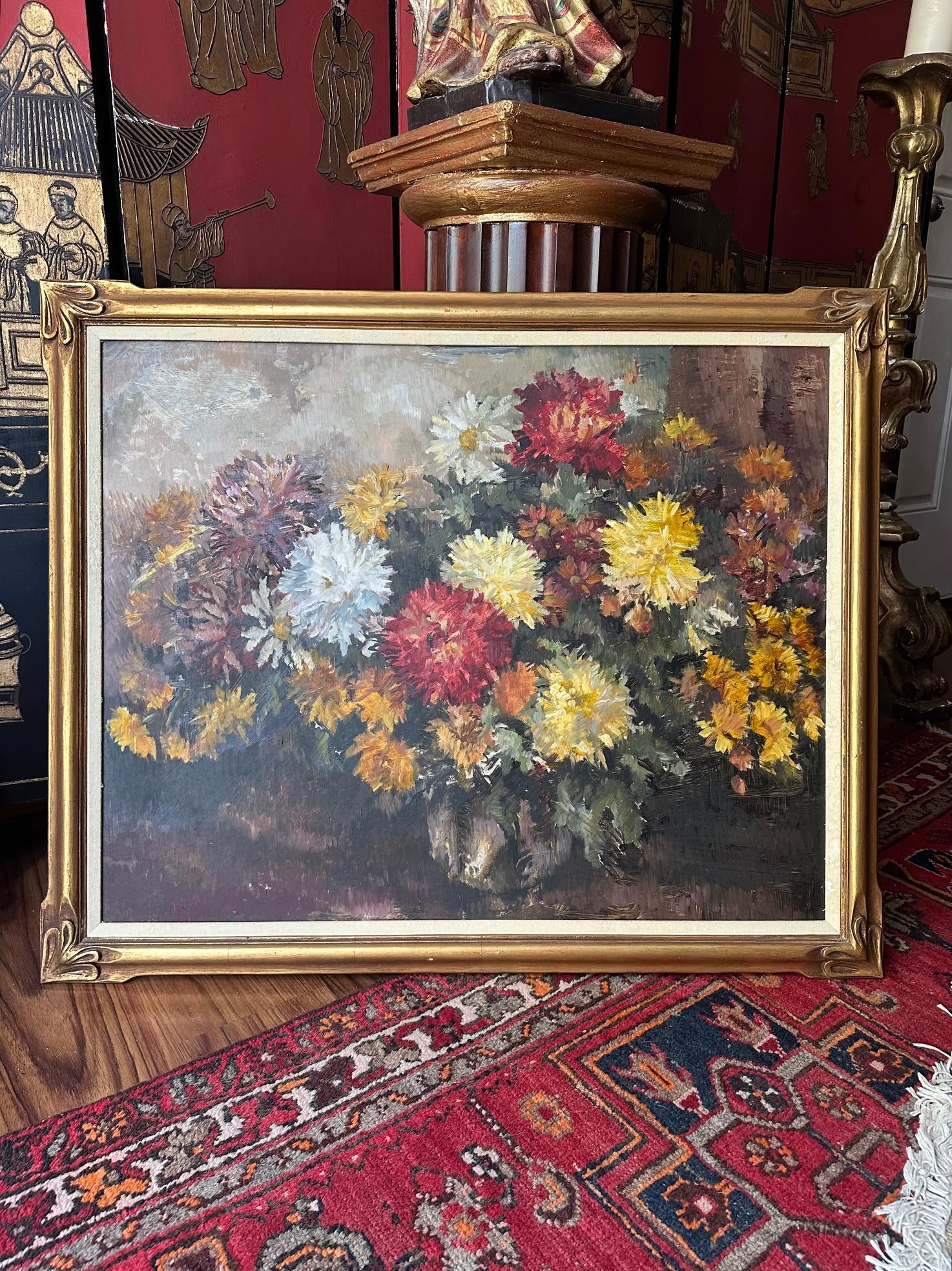 Large Floral Still Life Oil Painting in Original Frame, 1940s

Large Impressionist style floral still life painting. Bouquet of bright yellow
and orange zinnias and pink and white phlox in a pottery vase. The unsigned painting is probably of French