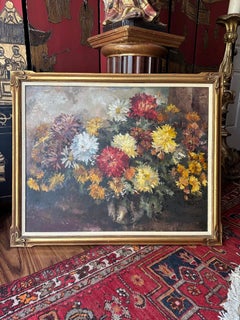 Large Floral Still Life Oil Painting in Original Frame, 1940s