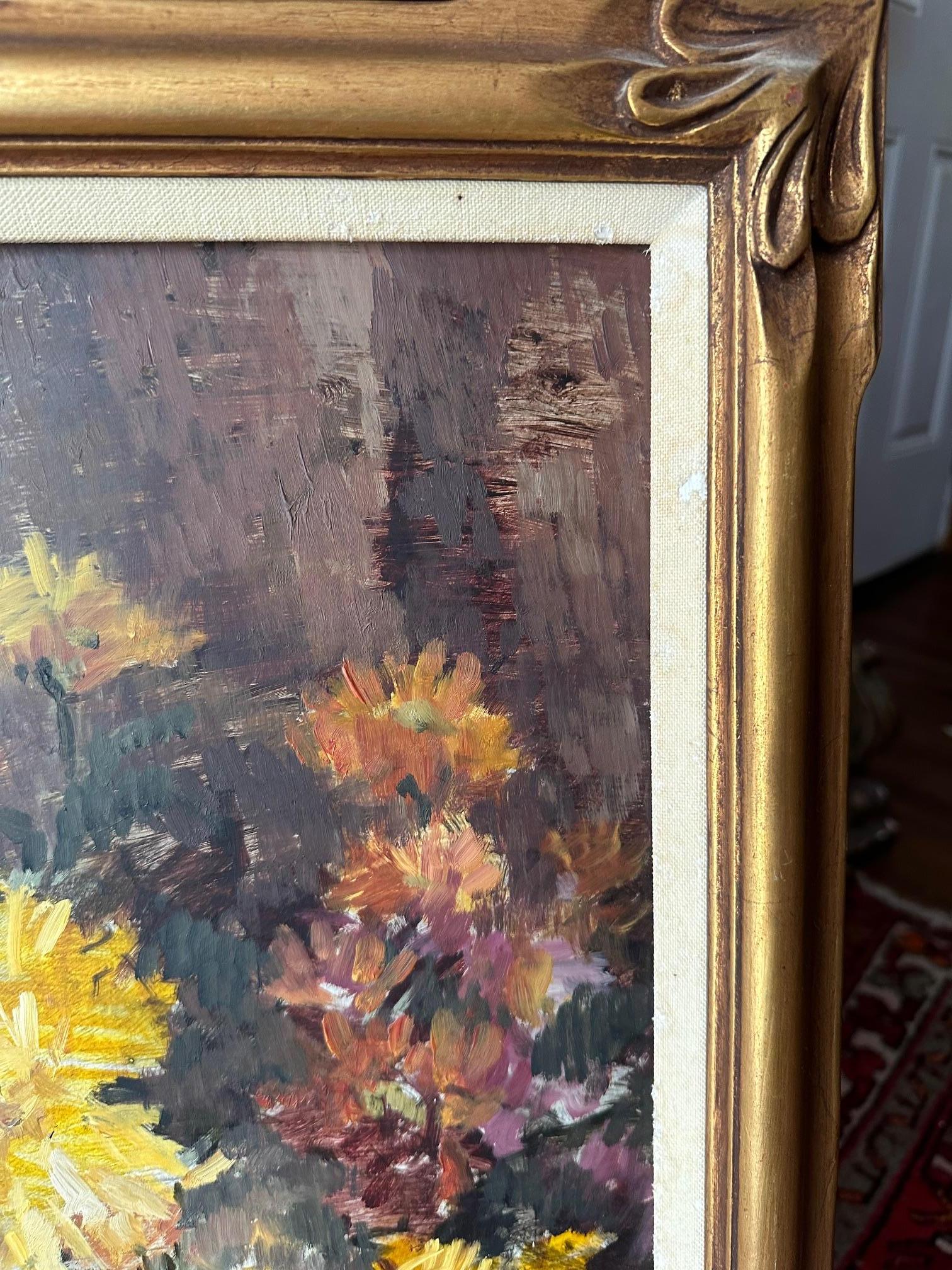 Mid-Century Modern Large Floral Still Life Oil Painting in Original Frame, 1940s For Sale