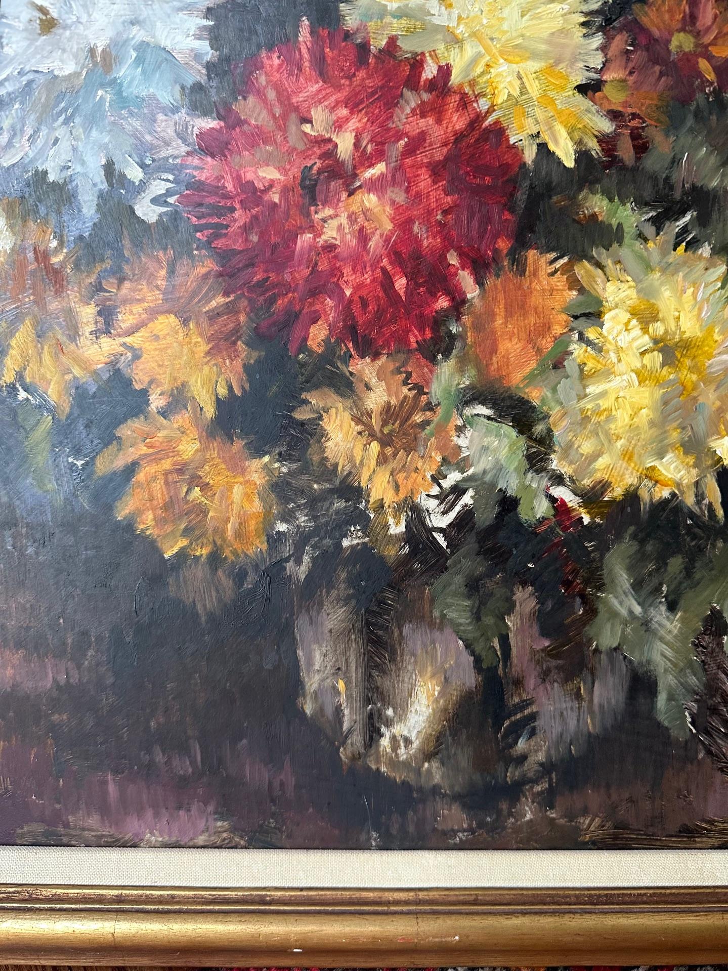 Hand-Painted Large Floral Still Life Oil Painting in Original Frame, 1940s For Sale