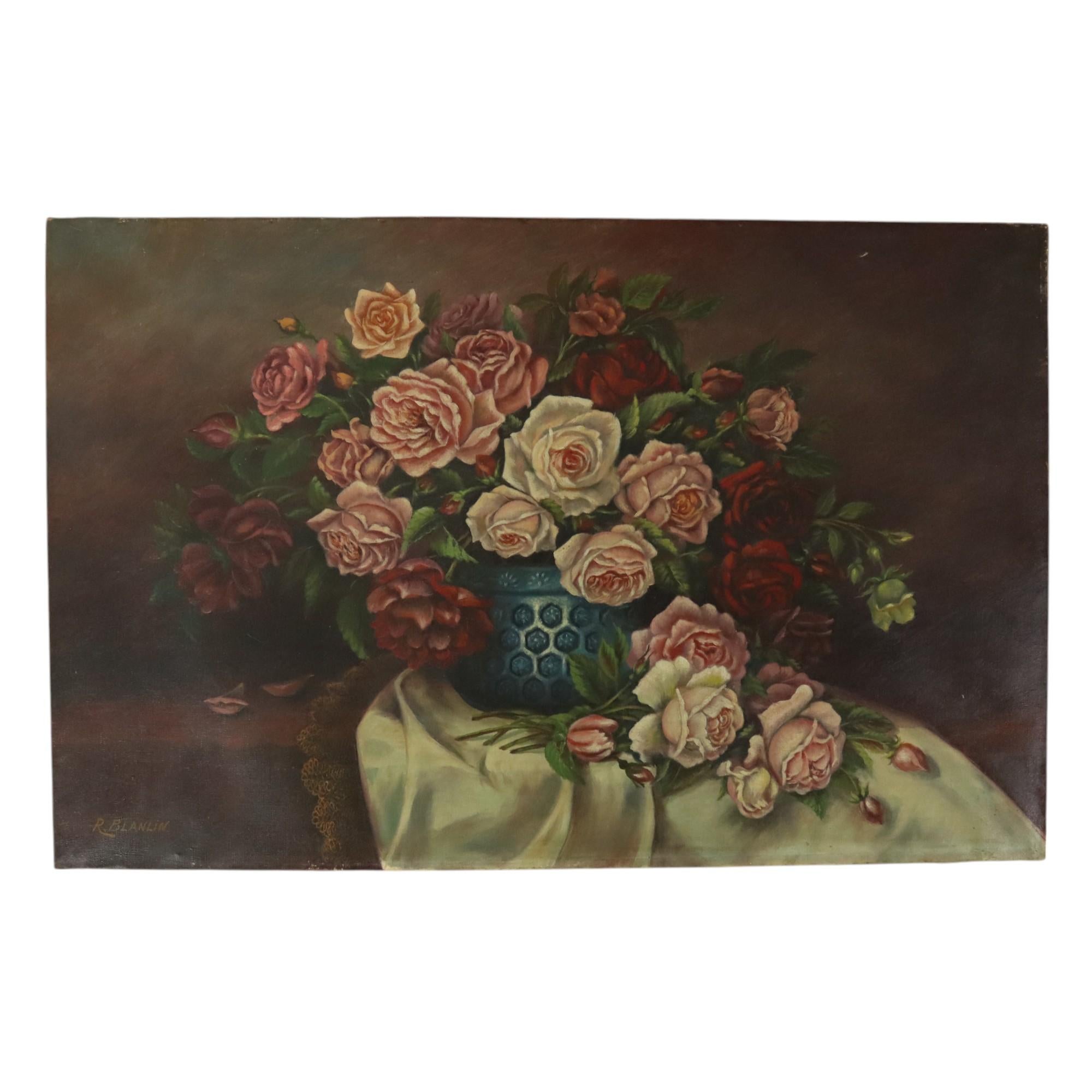 Large Floral Still Life Painting Roses Bouquet Signed R. Blanlin in vendita 7