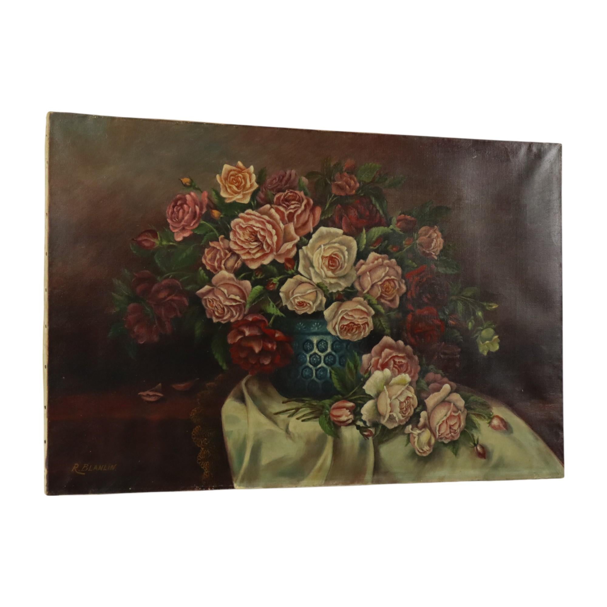 Beautiful large flower still life, painting of a colorful bouquet of roses in a blue vase with geometric patterns, painted in a classical style, signed lower left R. Blanlin, first half of the 20th century, oil on canvas.

Charming, decorative and
