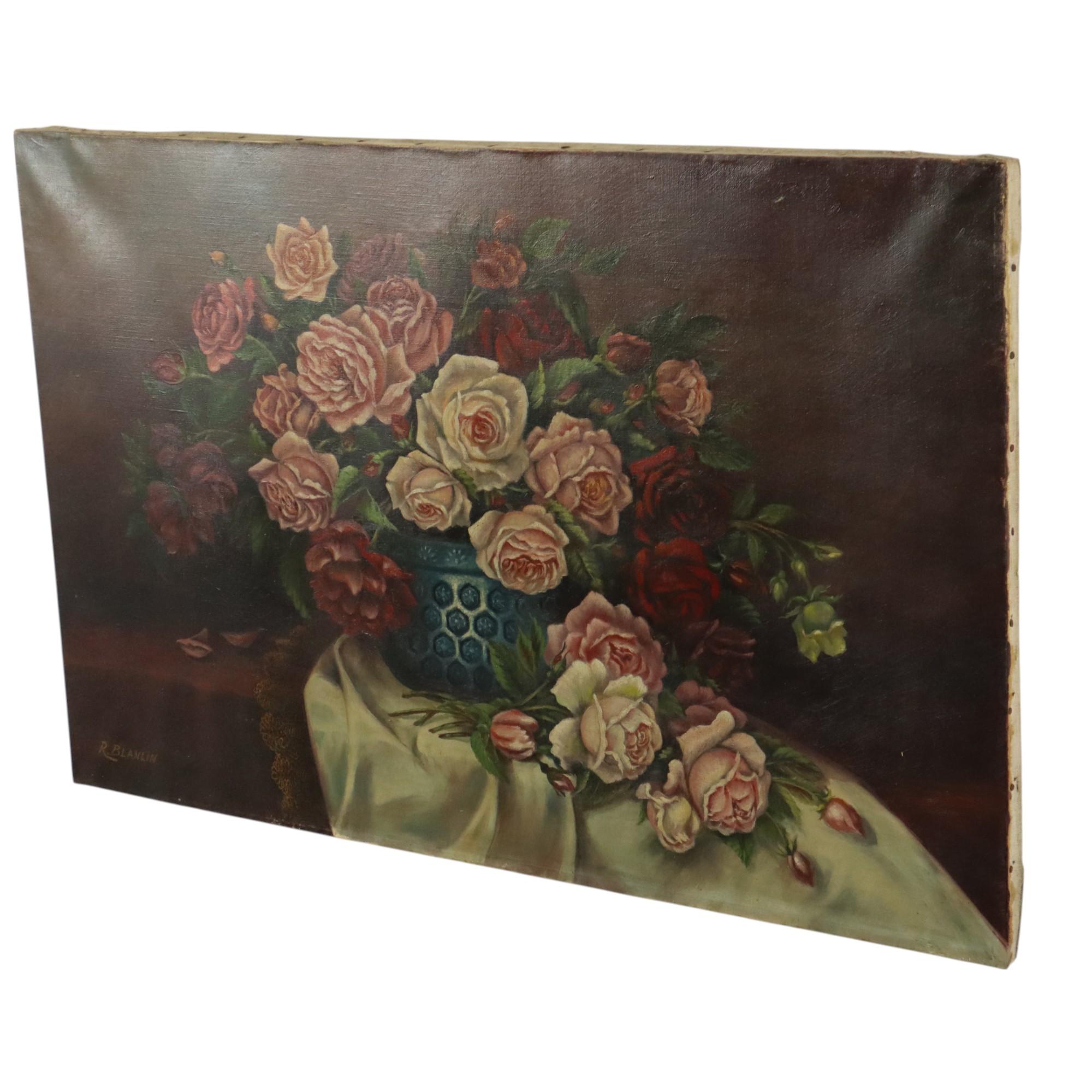 Art Nouveau Large Floral Still Life Painting Roses Bouquet Signed R. Blanlin in vendita