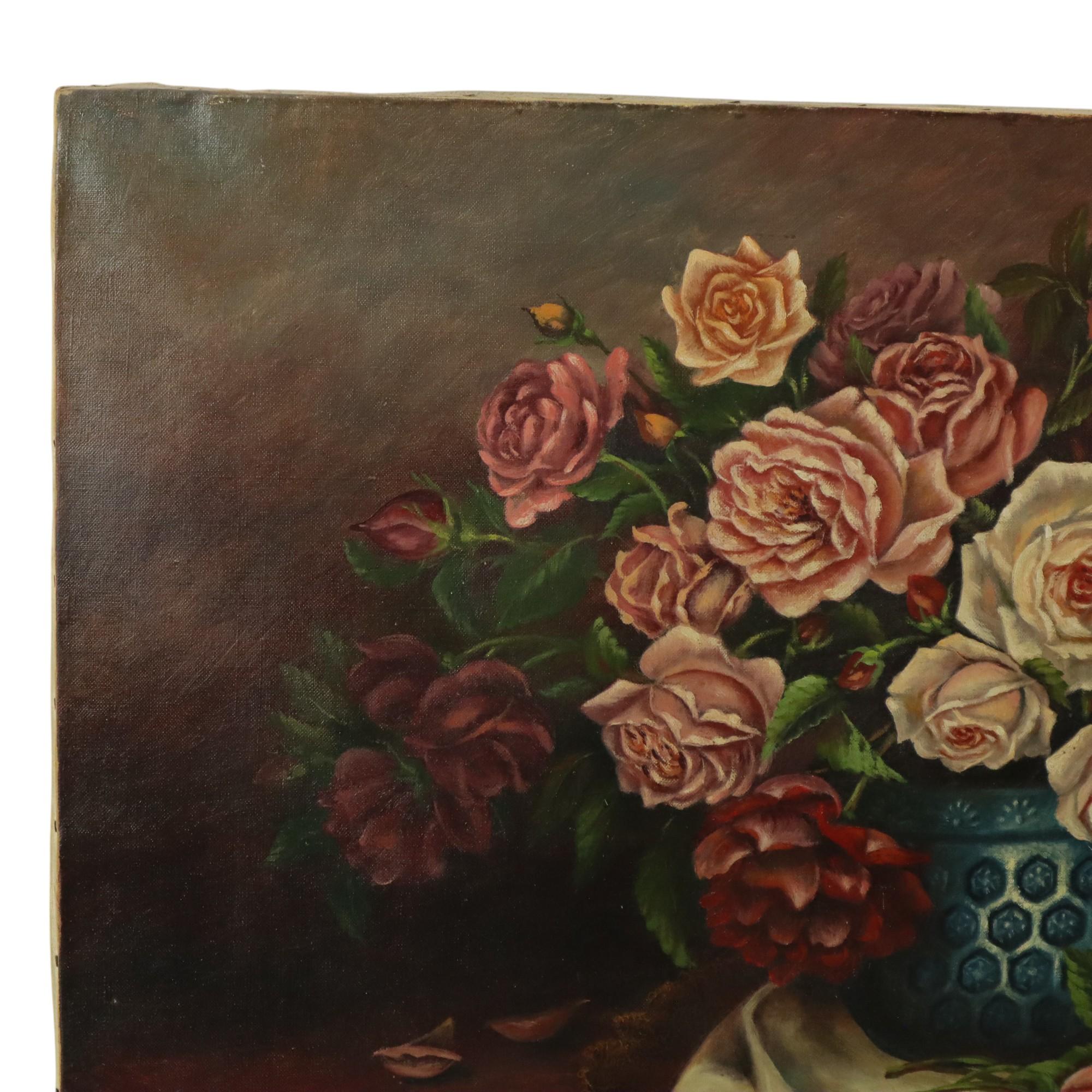 Europeo Large Floral Still Life Painting Roses Bouquet Signed R. Blanlin in vendita