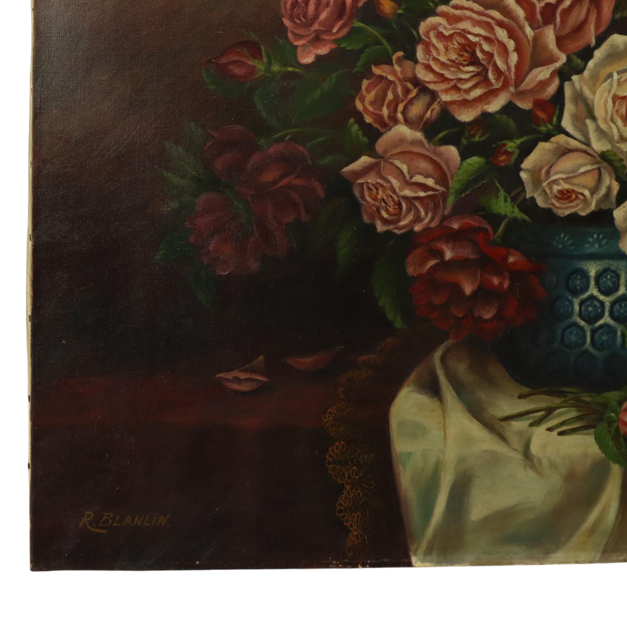 Dipinto a mano Large Floral Still Life Painting Roses Bouquet Signed R. Blanlin in vendita