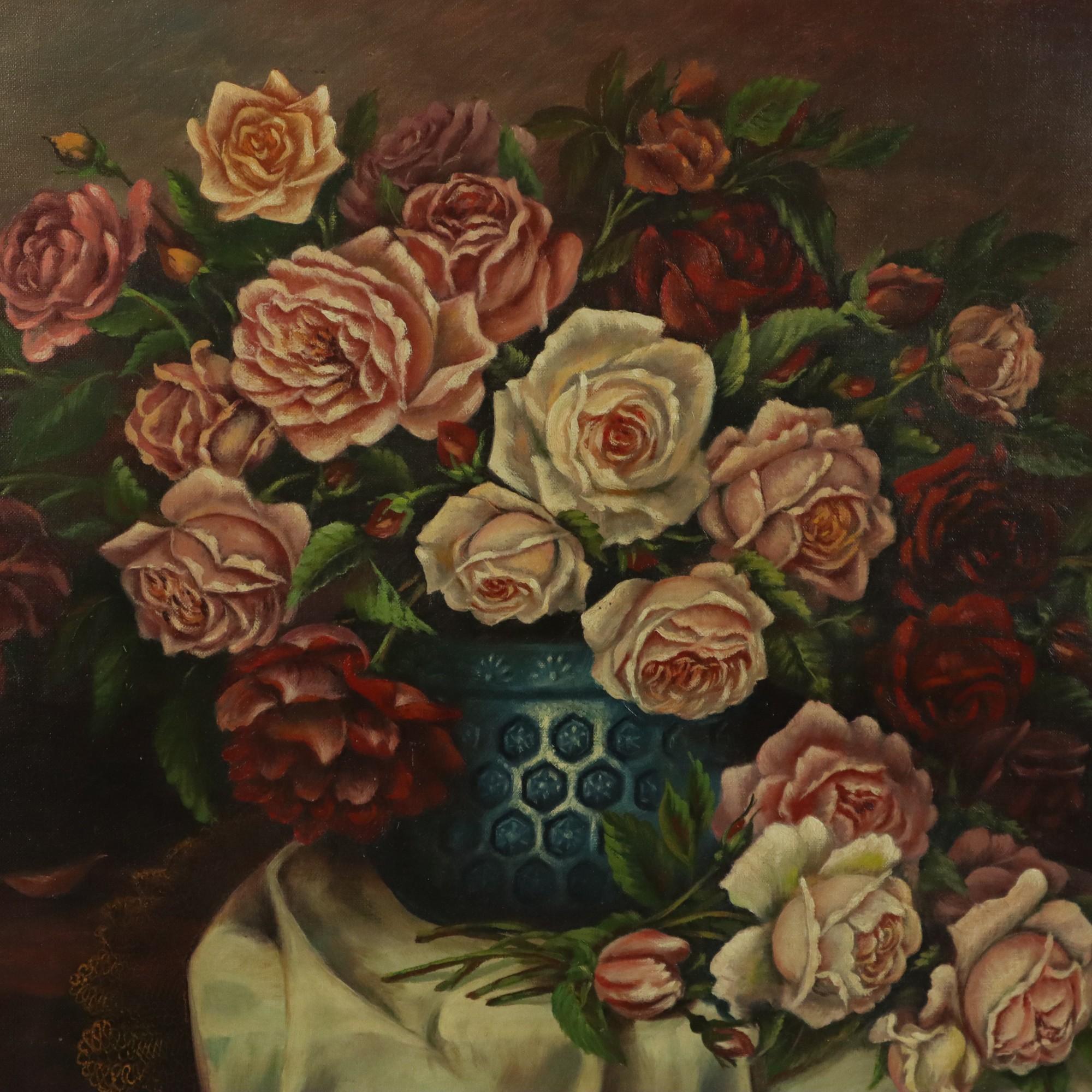 Large Floral Still Life Painting Roses Bouquet Signed R. Blanlin In condizioni buone in vendita a Poperinge, BE