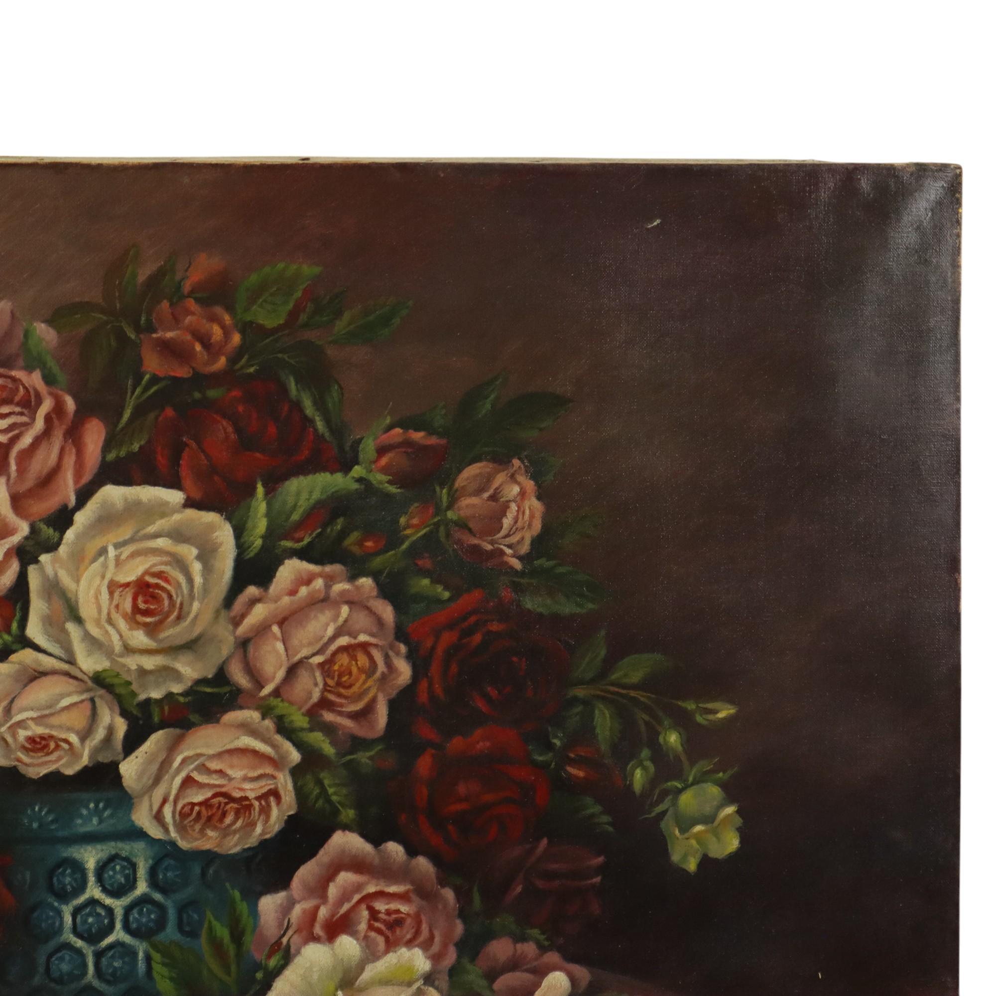 Inizio XX secolo Large Floral Still Life Painting Roses Bouquet Signed R. Blanlin in vendita