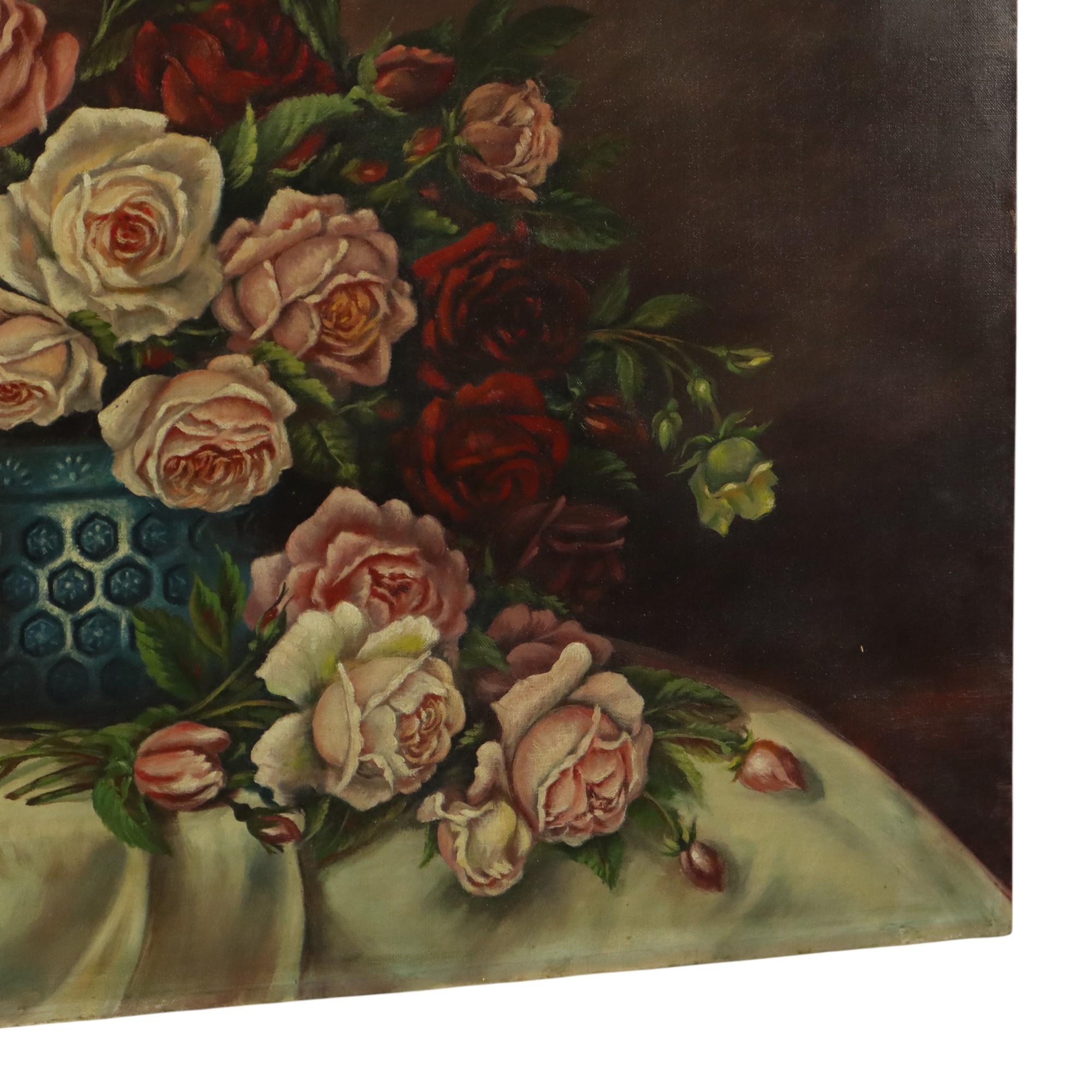 Tela Large Floral Still Life Painting Roses Bouquet Signed R. Blanlin in vendita