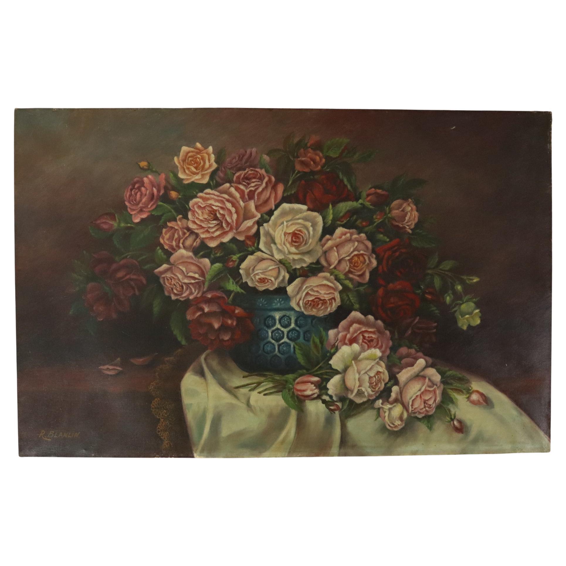 Large Floral Still Life Painting Roses Bouquet Signed R. Blanlin in vendita