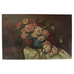 Large Floral Still Life Painting Roses Bouquet Signed R. Blanlin