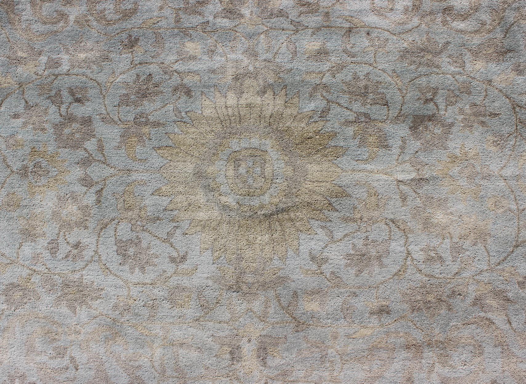 Contemporary Large Floral Tabriz with Floral Design in Lt. Blue, Brown, Lt. Yellow, Taupe For Sale