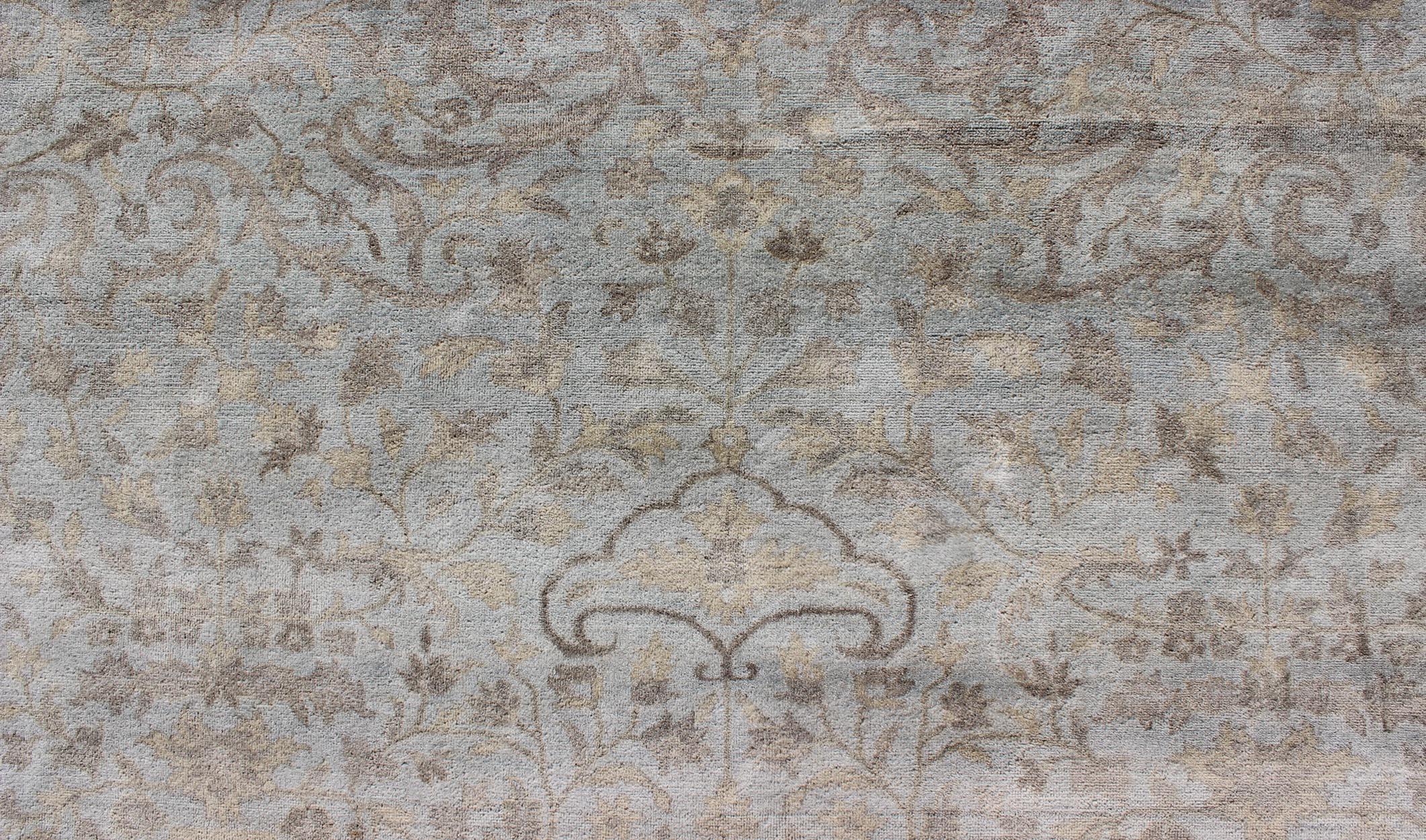 Wool Large Floral Tabriz with Floral Design in Lt. Blue, Brown, Lt. Yellow, Taupe For Sale