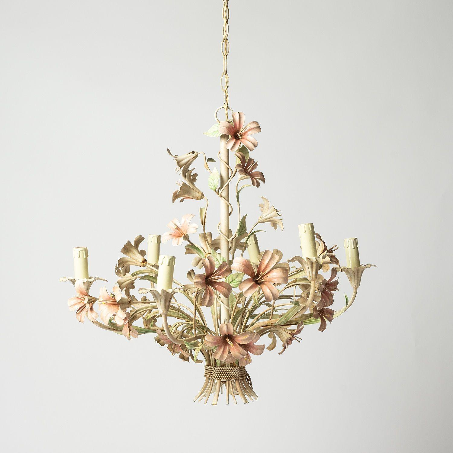 Large Floral Toleware Chandelier with Hibiscus Flowers 1