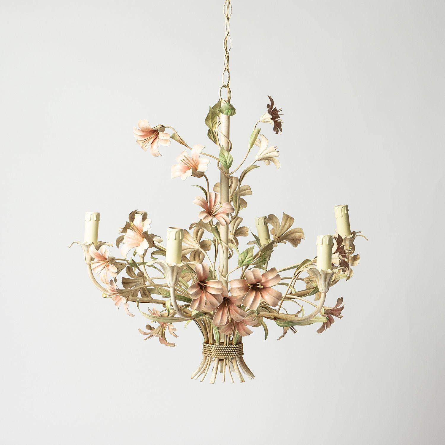 Large Floral Toleware Chandelier with Hibiscus Flowers 2