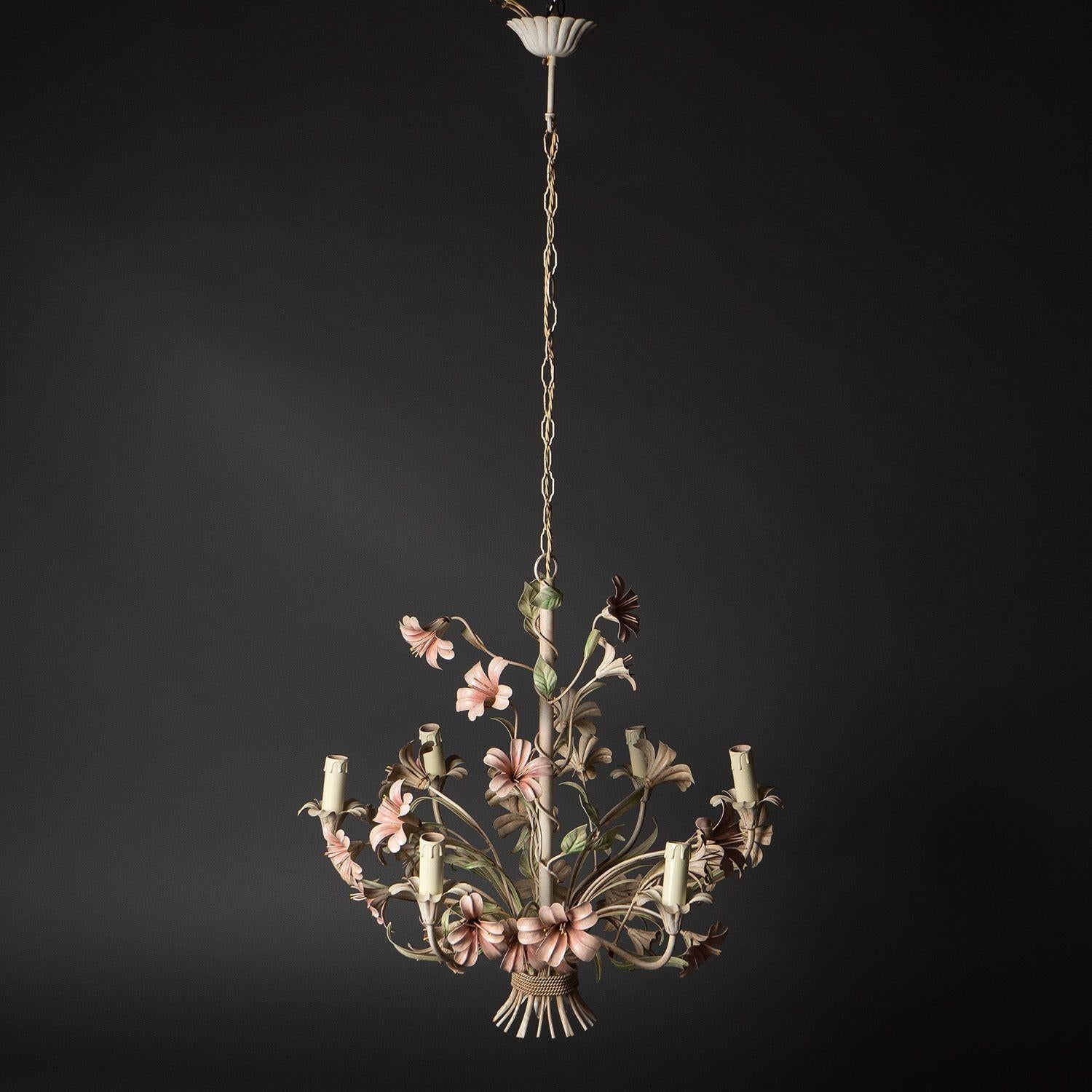 Hollywood Regency Large Floral Toleware Chandelier with Hibiscus Flowers