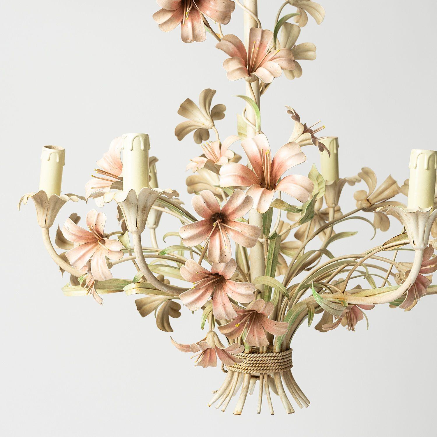 French Large Floral Toleware Chandelier with Hibiscus Flowers